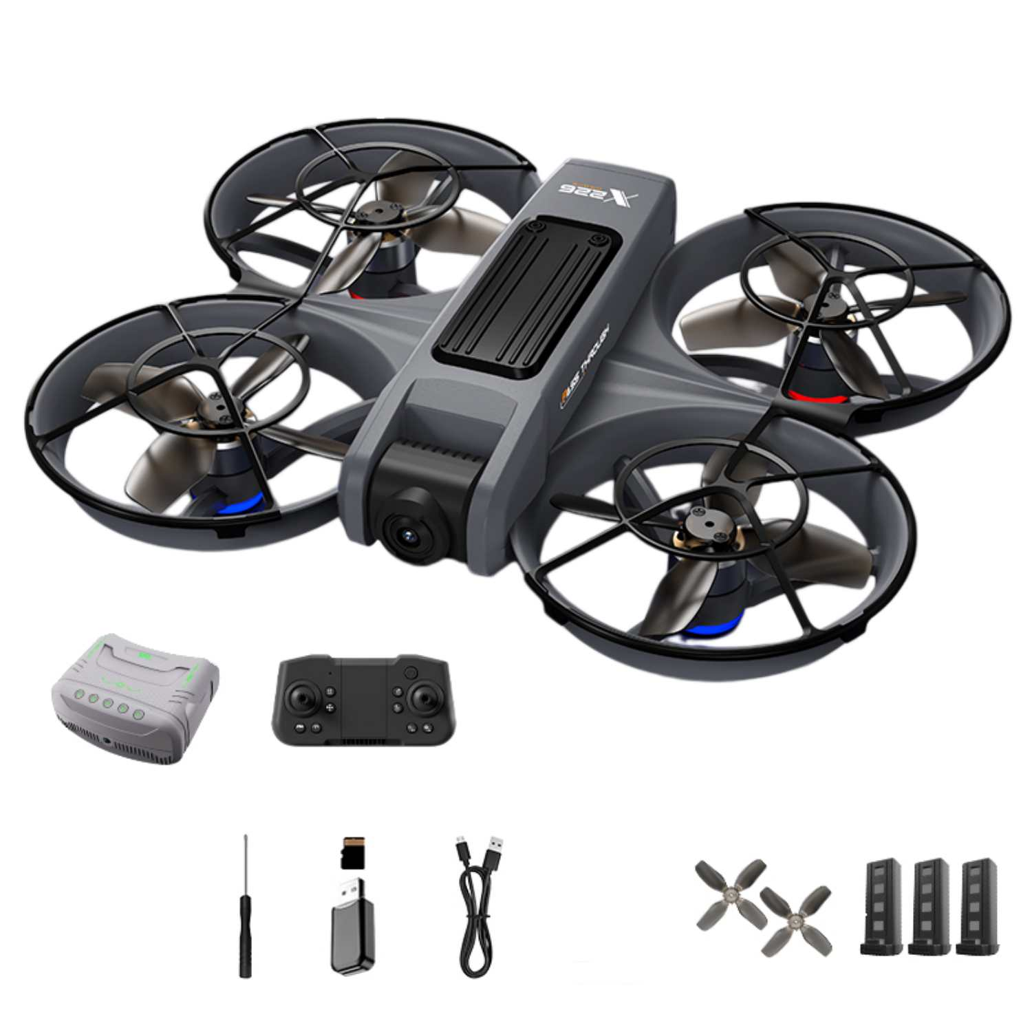 Graues Quadrocopter-Set mit Fernbedienung, Ersatzteilen und Kabeln.