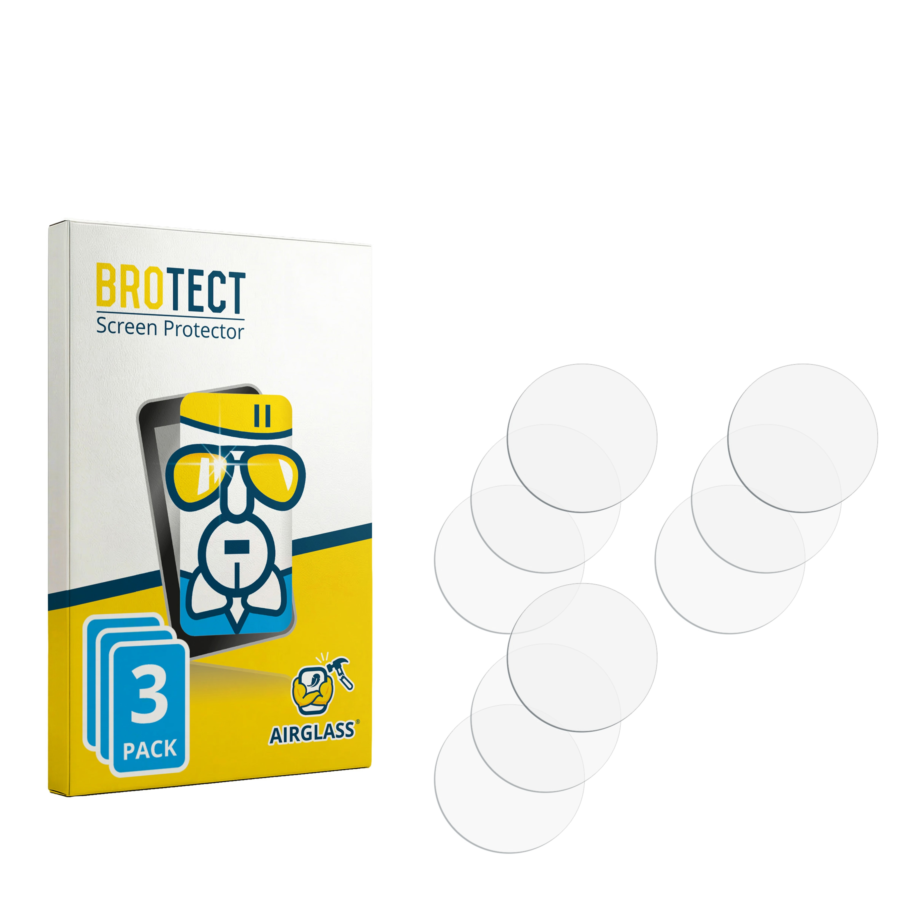 Verpackung von BROTECT Displayschutzfolien und mehrere runde Schutzgläser.