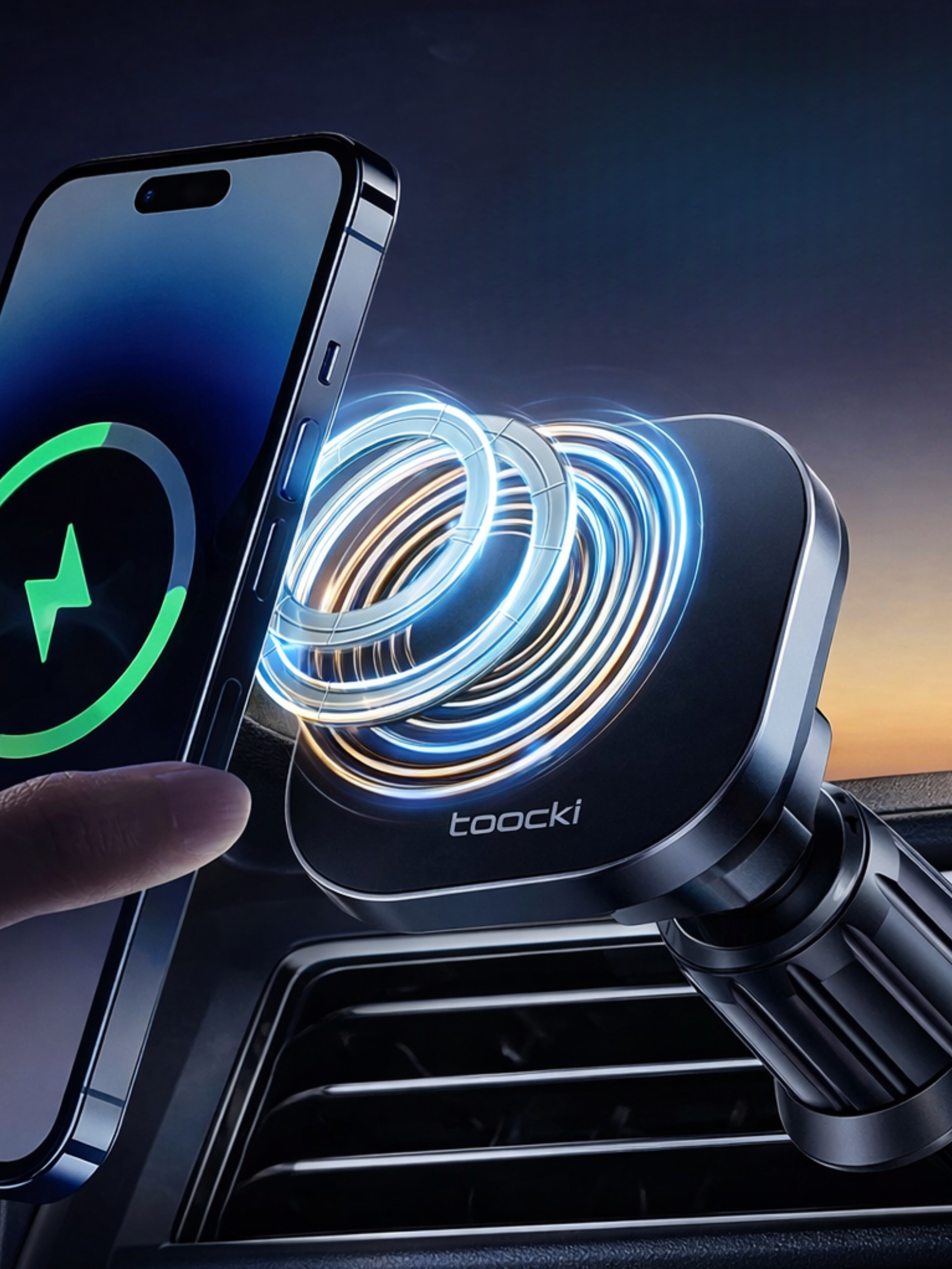 Ein Smartphone wird von einer magnetischen Autohalterung mit Ladefunktion gehalten.