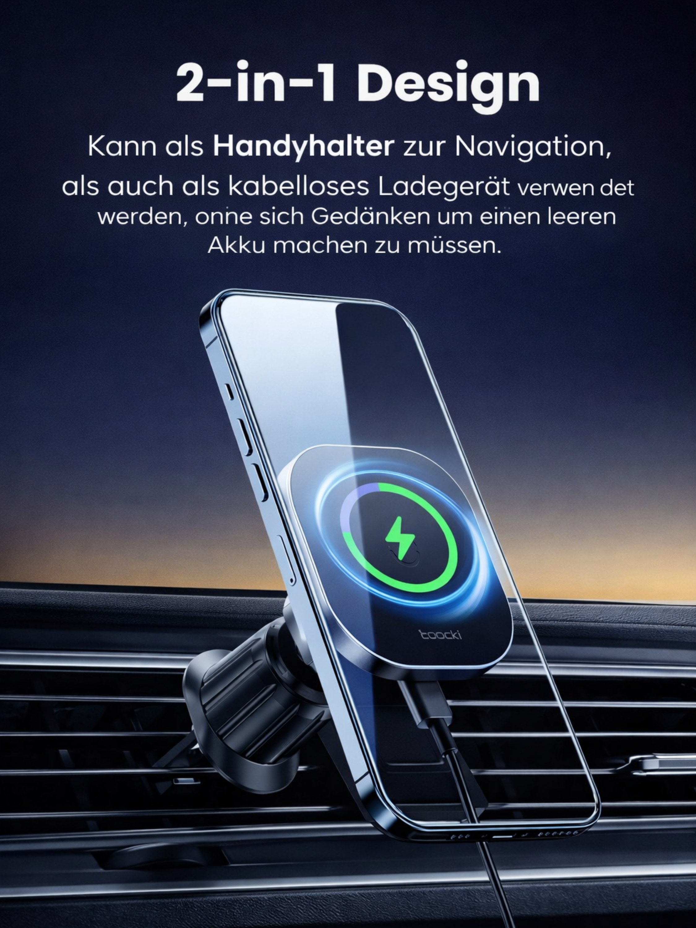 Handy in Autohalterung zeigt Ladeikone. 2-in-1-Design für Navigation und kabelloses Laden.