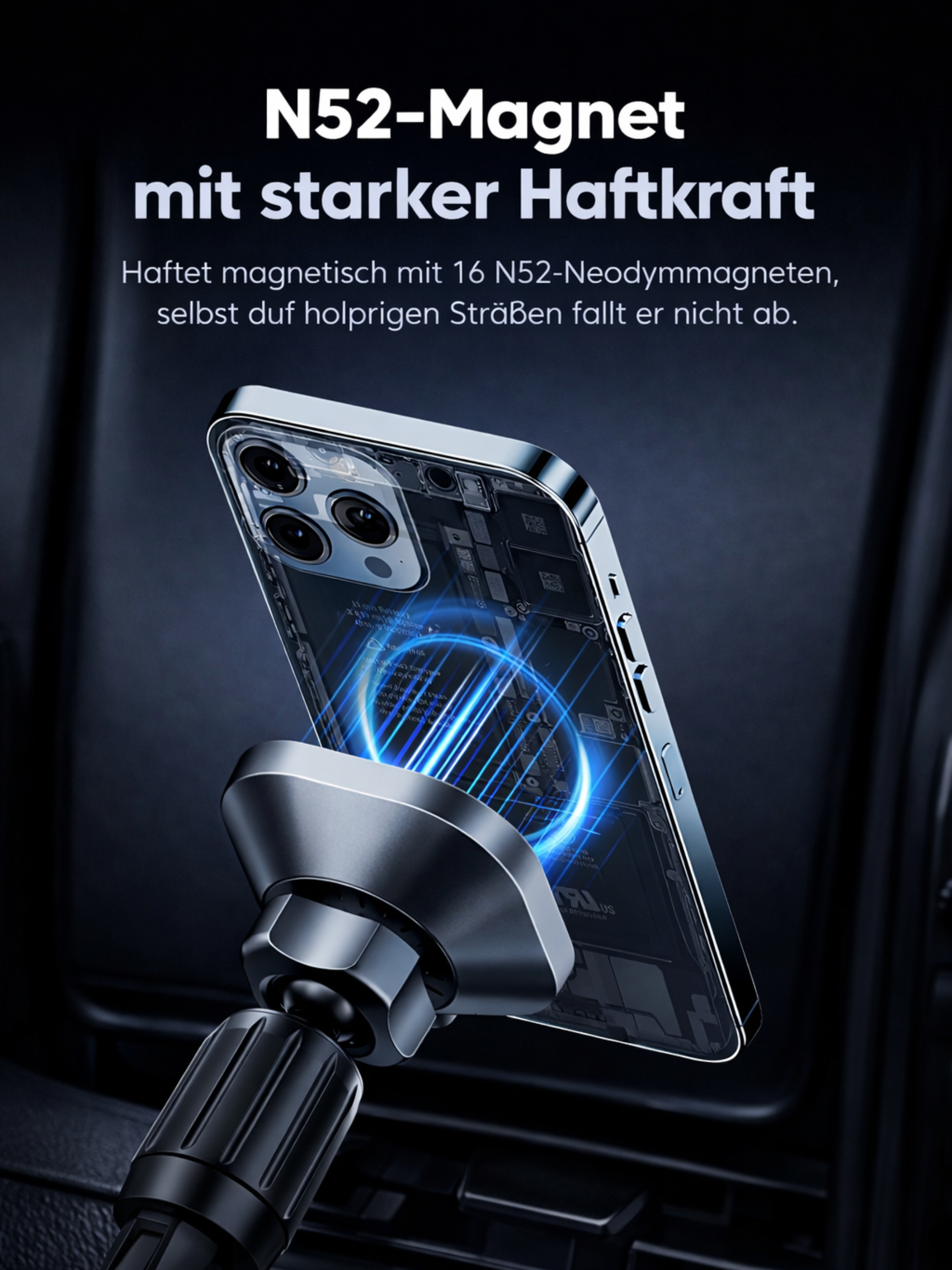 Ein Handyhalter mit Magnetbefestigung für Autos, der ein Smartphone hält.