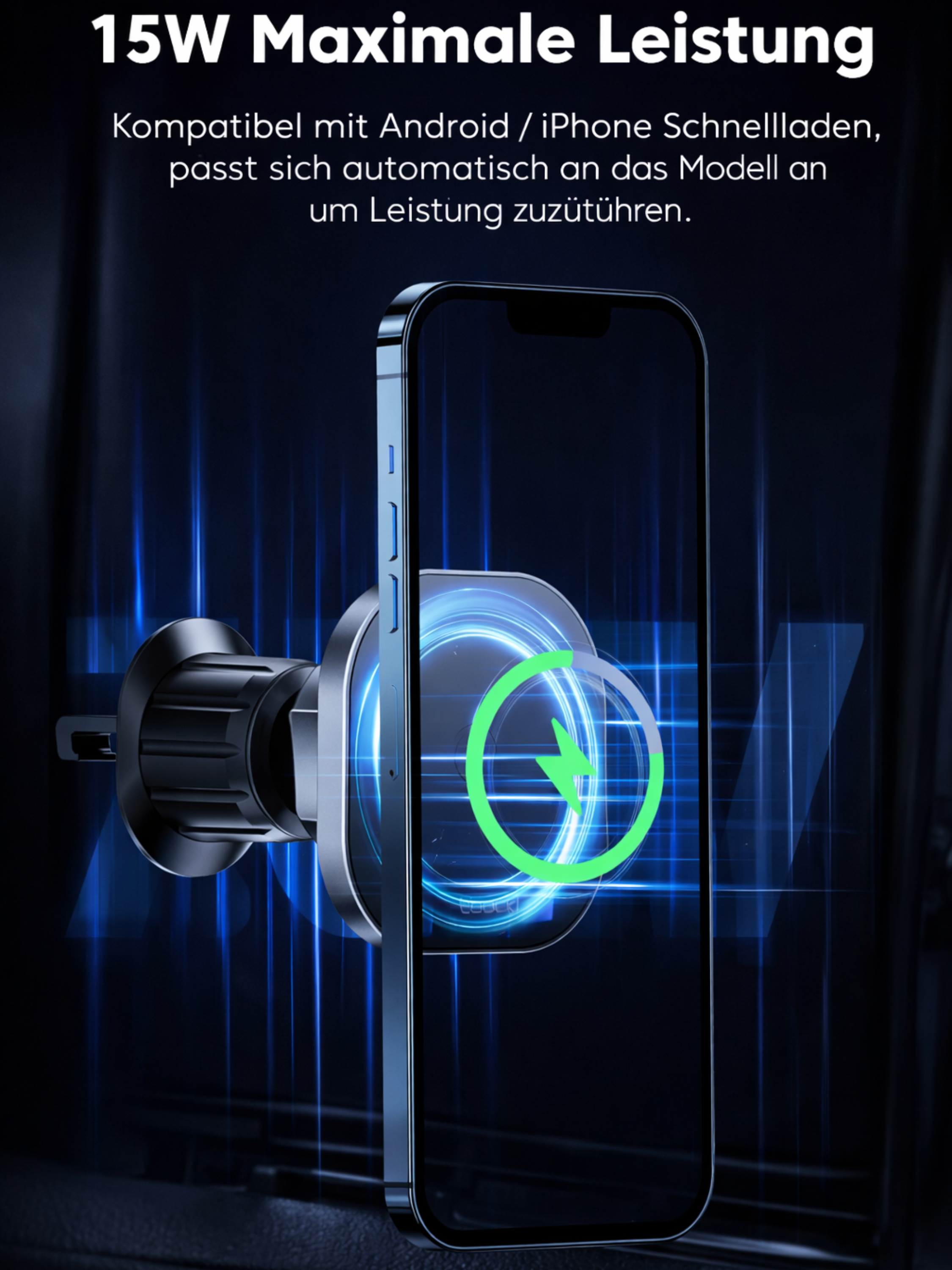 Ein Smartphone wird kabellos geladen, mit grüner Ladeanzeige.