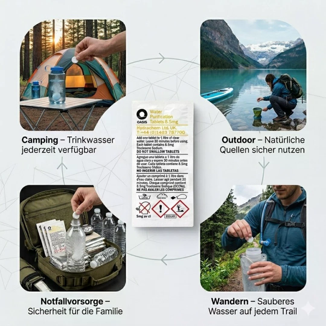 Illustration zeigt Wasserreinigungstabletten für Camping, Outdoor, Notfälle und Wandern.