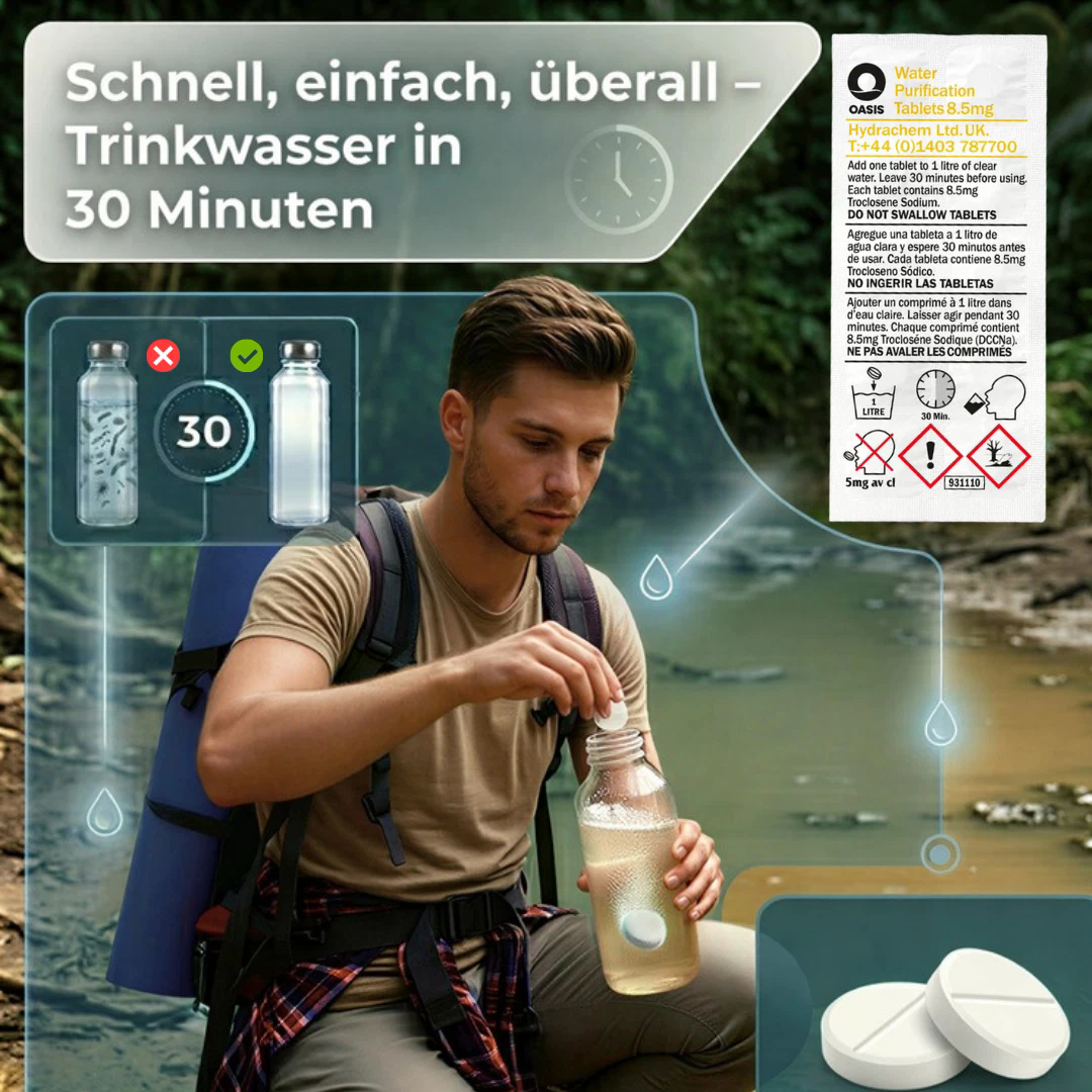 Mann gibt Tablette in Wasserflasche. Wasseraufbereitung in 30 Min.