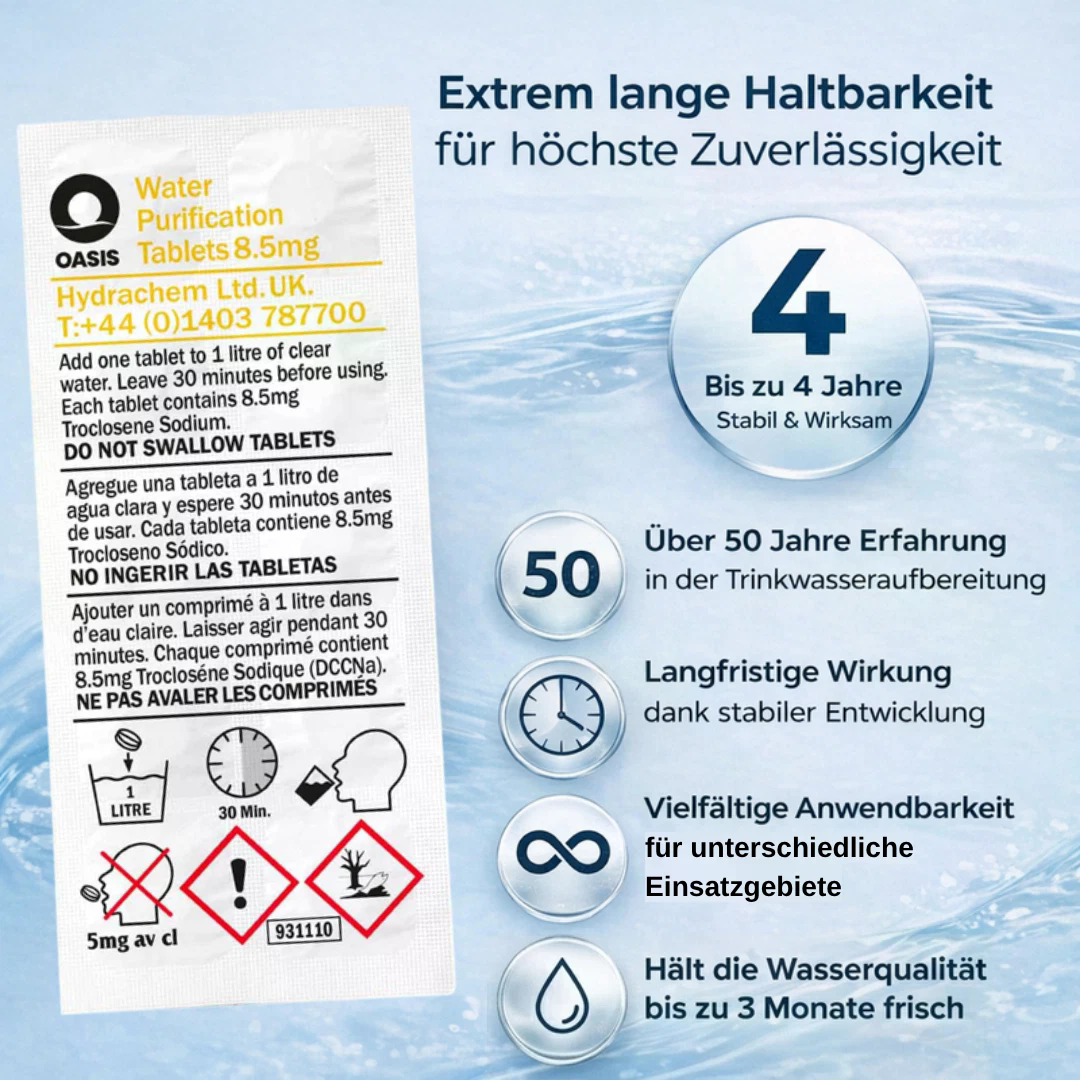 Packung von Oasis Wasseraufbereitungstabletten mit deutscher und mehrsprachiger Anleitung.