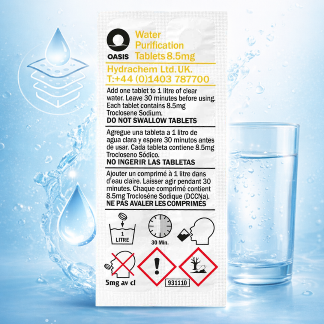 Wasseraufbereitungstabletten: 1 Tablette pro Liter klares Wasser, 30 Min. warten.