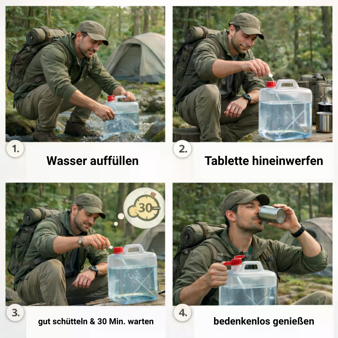 Mann füllt Wasser in Behälter, wirft Tablette hinein, schüttelt und trinkt.