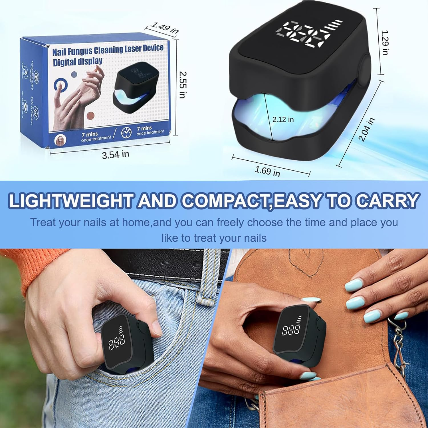 Ein schwarzes Nagelpilz-Laser-Reinigungsgerät mit digitaler Anzeige, das in eine Tasche gesteckt wird.