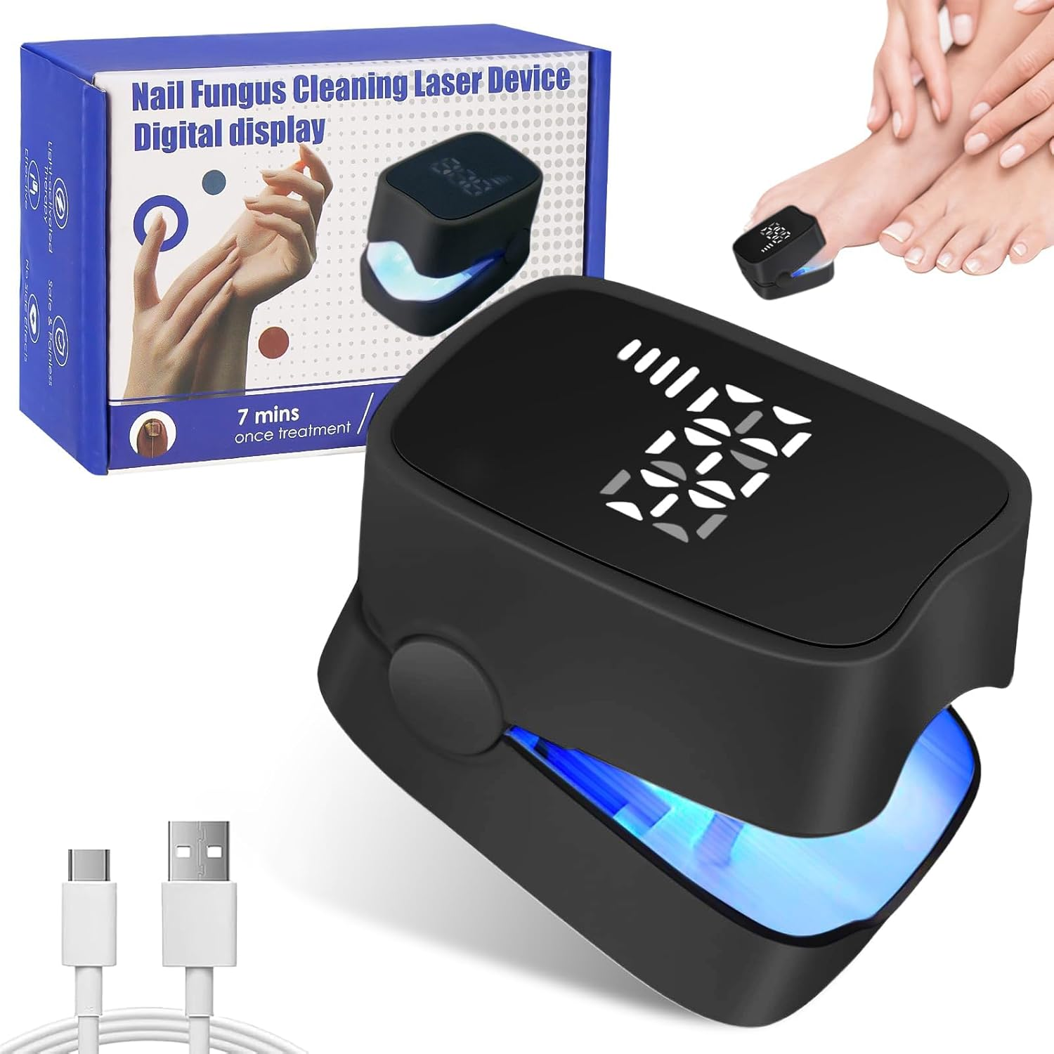 Ein Nagelpilz-Lasergerät mit USB-Kabeln und einer digitalen Anzeige.