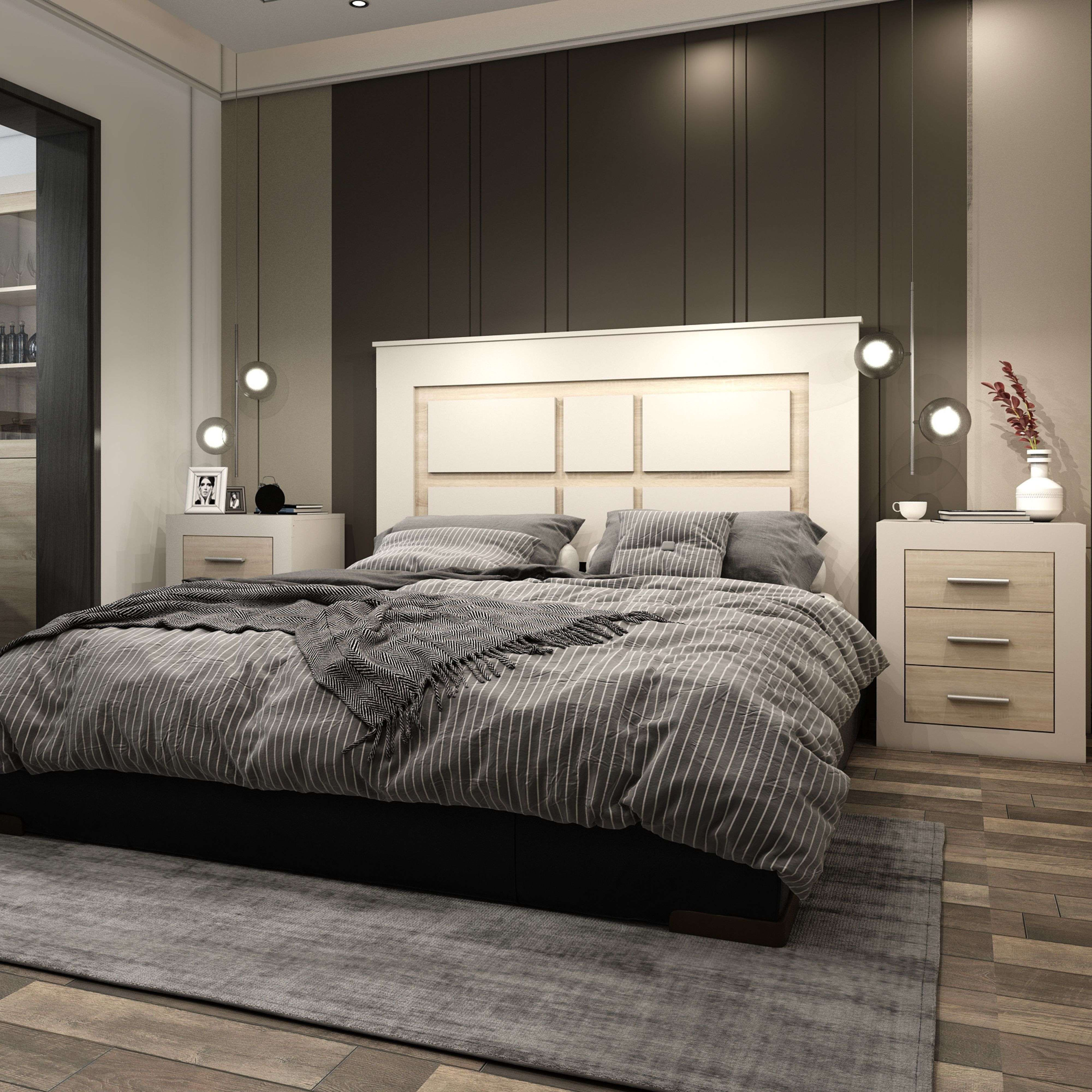 Dormitorio moderno con cama grande, alfombra gris y suelo de madera.
