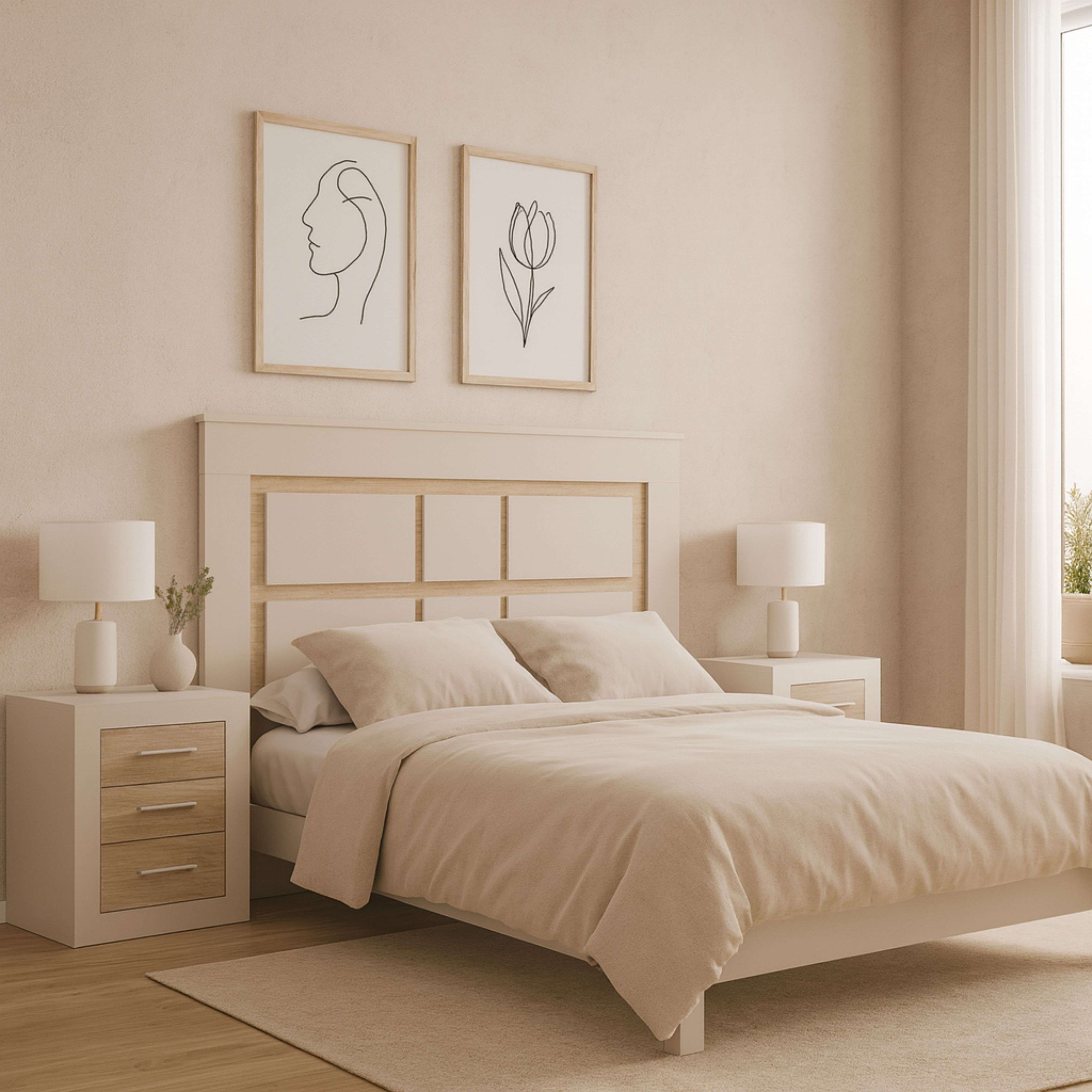 Dormitorio con cama doble, mesitas de noche, lámparas y arte.