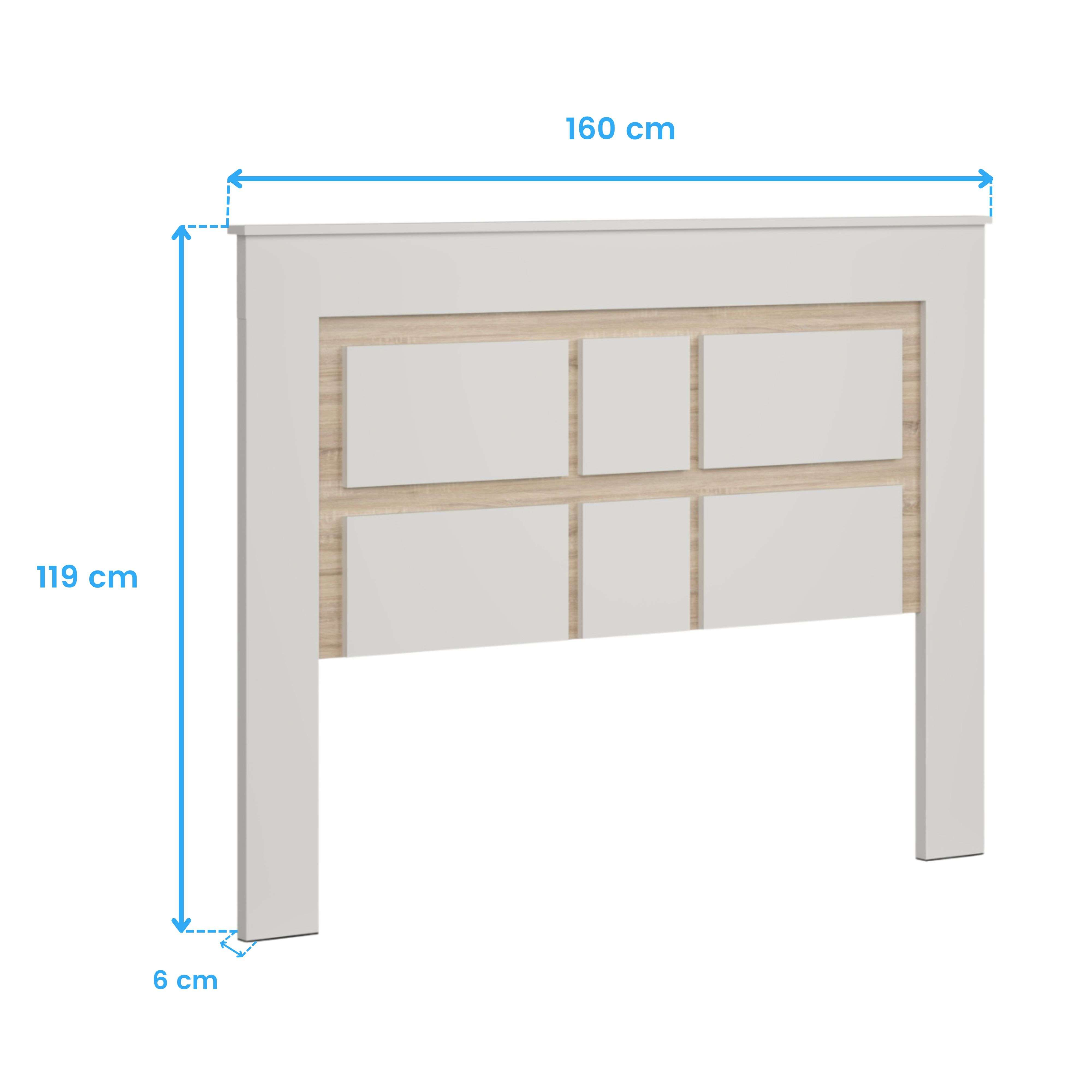 Un cabecero blanco con inserciones de veta de madera, 160 cm de ancho.