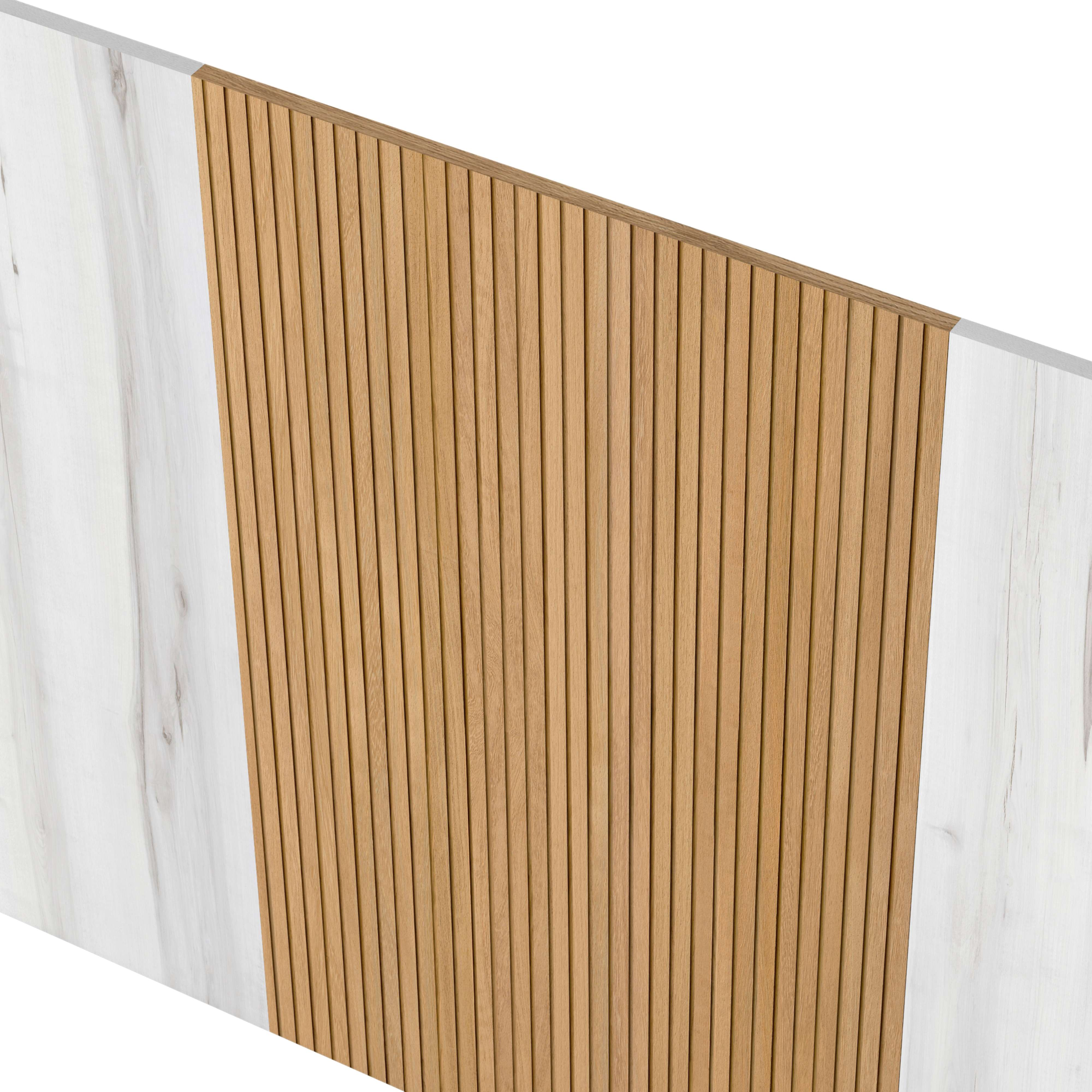Dos paneles: uno con lamas de madera, uno con patrón de mármol.