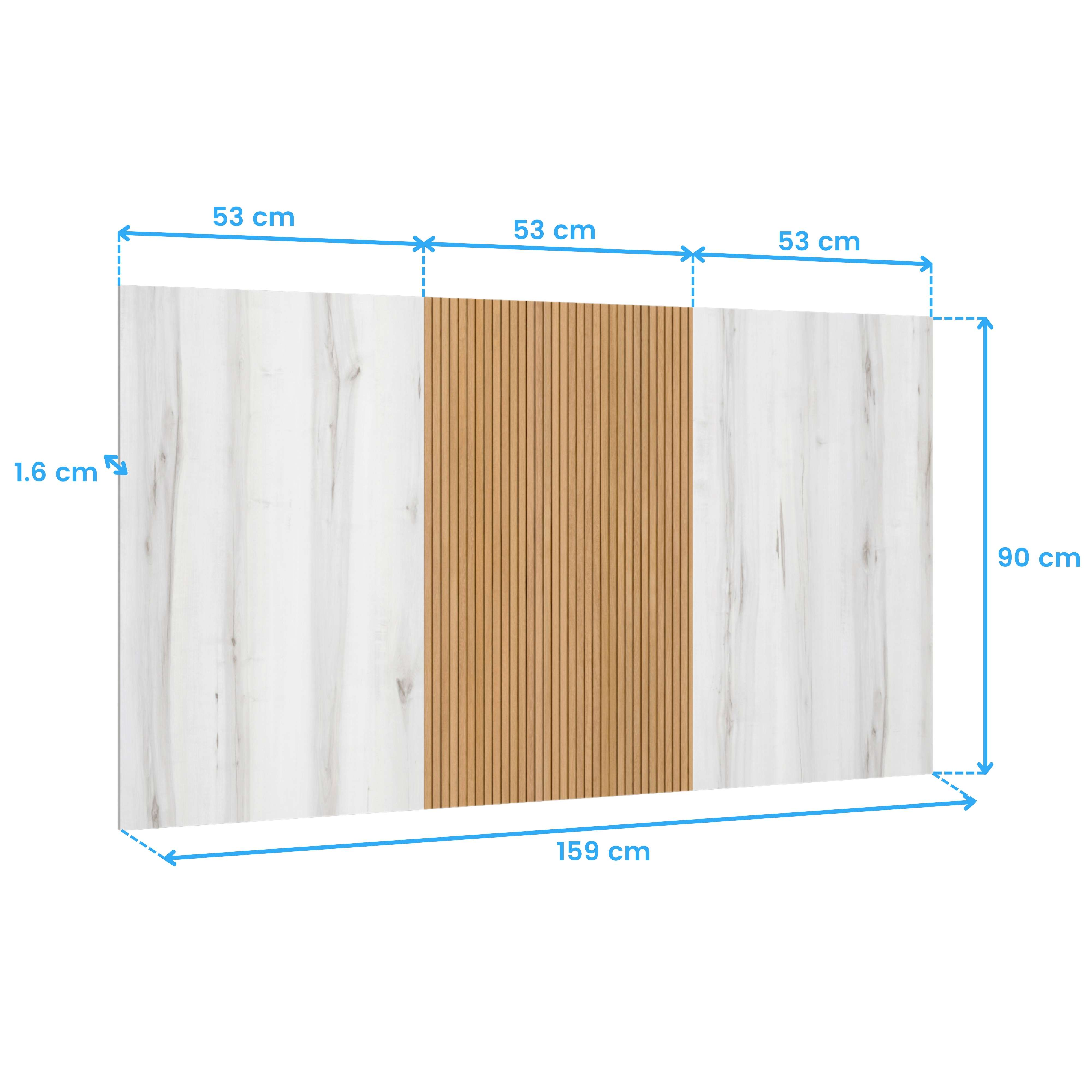 Panel de madera de 159x90cm, 1,6cm de grosor, con lamas verticales.