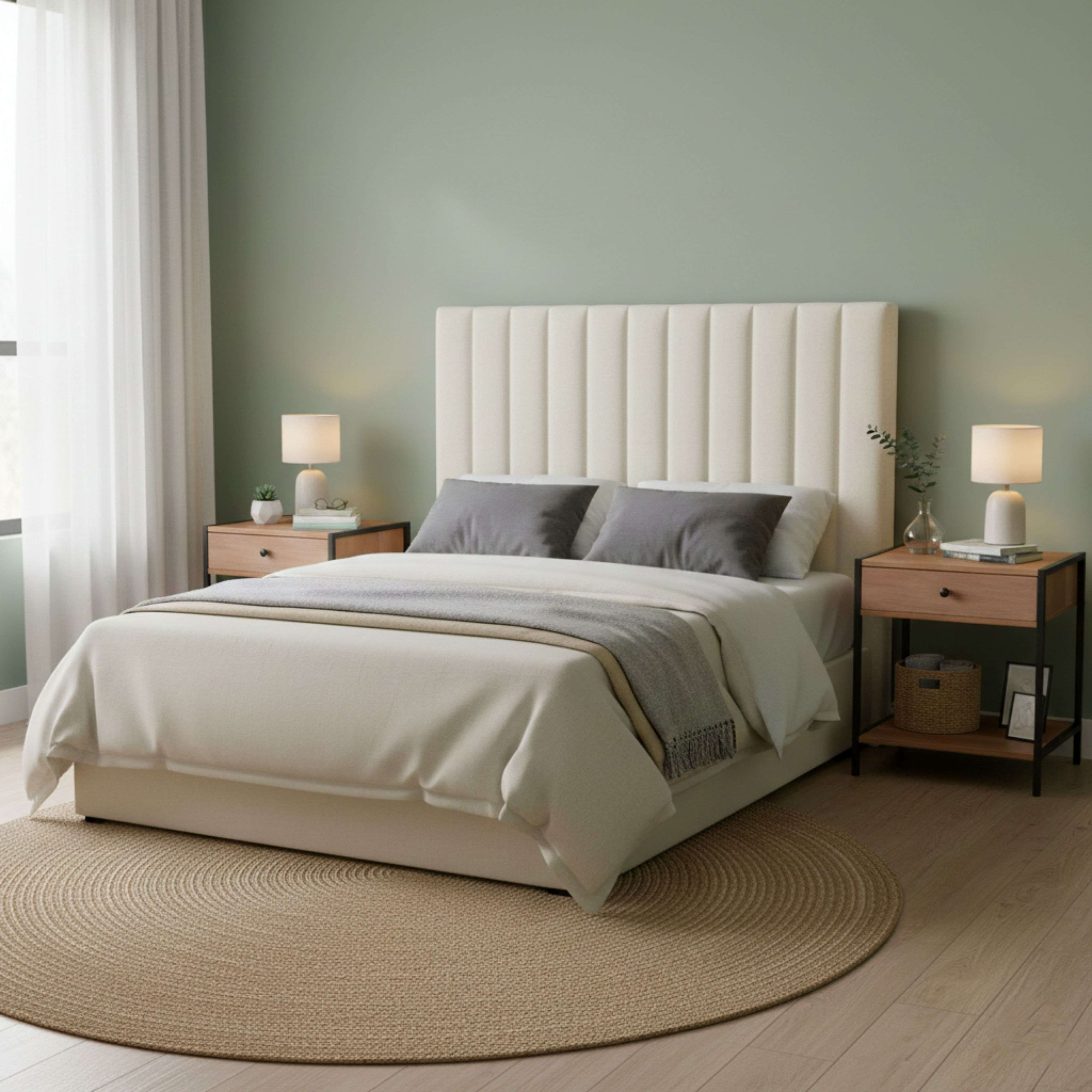 Un dormitorio luminoso con cama, mesitas de noche y alfombra redonda.