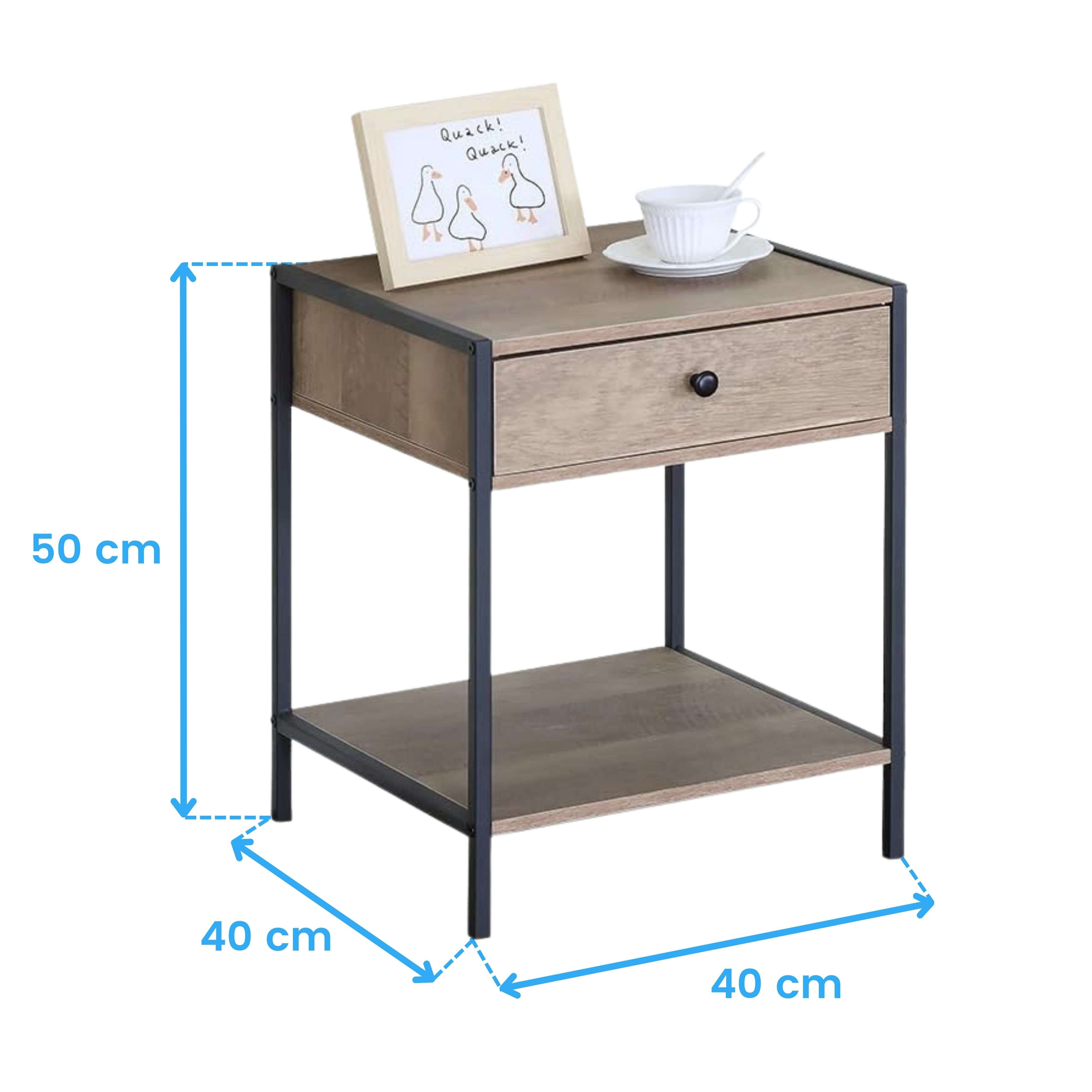 Mesita de noche de madera con cajón, estante y taza. Dimensiones 50x40x40cm.