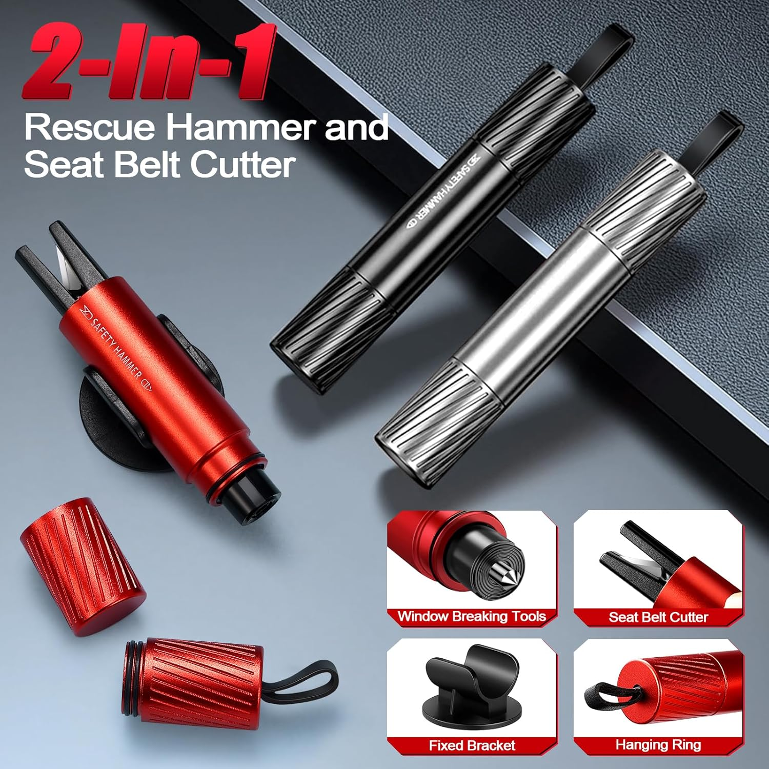 Zwei 2-in-1 Rettungshämmer mit Gurtschneider, silber und schwarz.