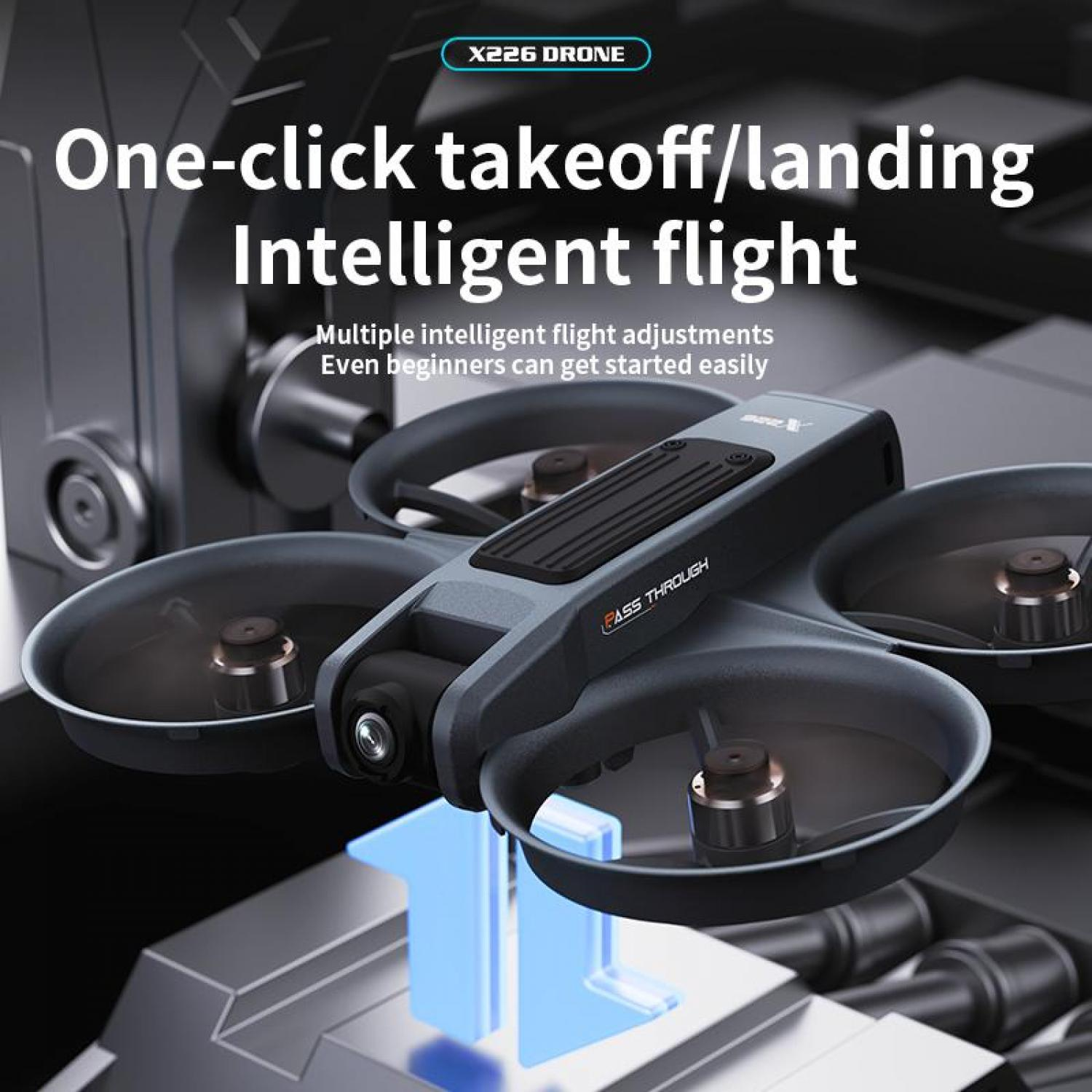 Ein grauer Quadrocopter mit Propellern auf einer dunklen Oberfläche.