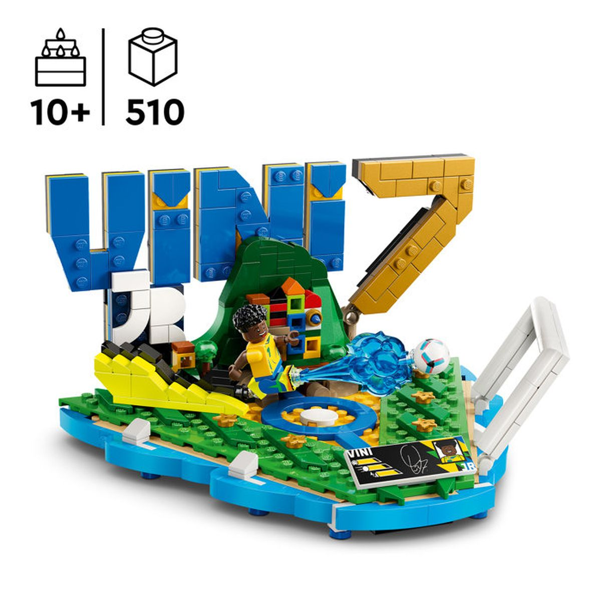 Zestaw Lego z piłkarzem, piłką i literami "VINRI".