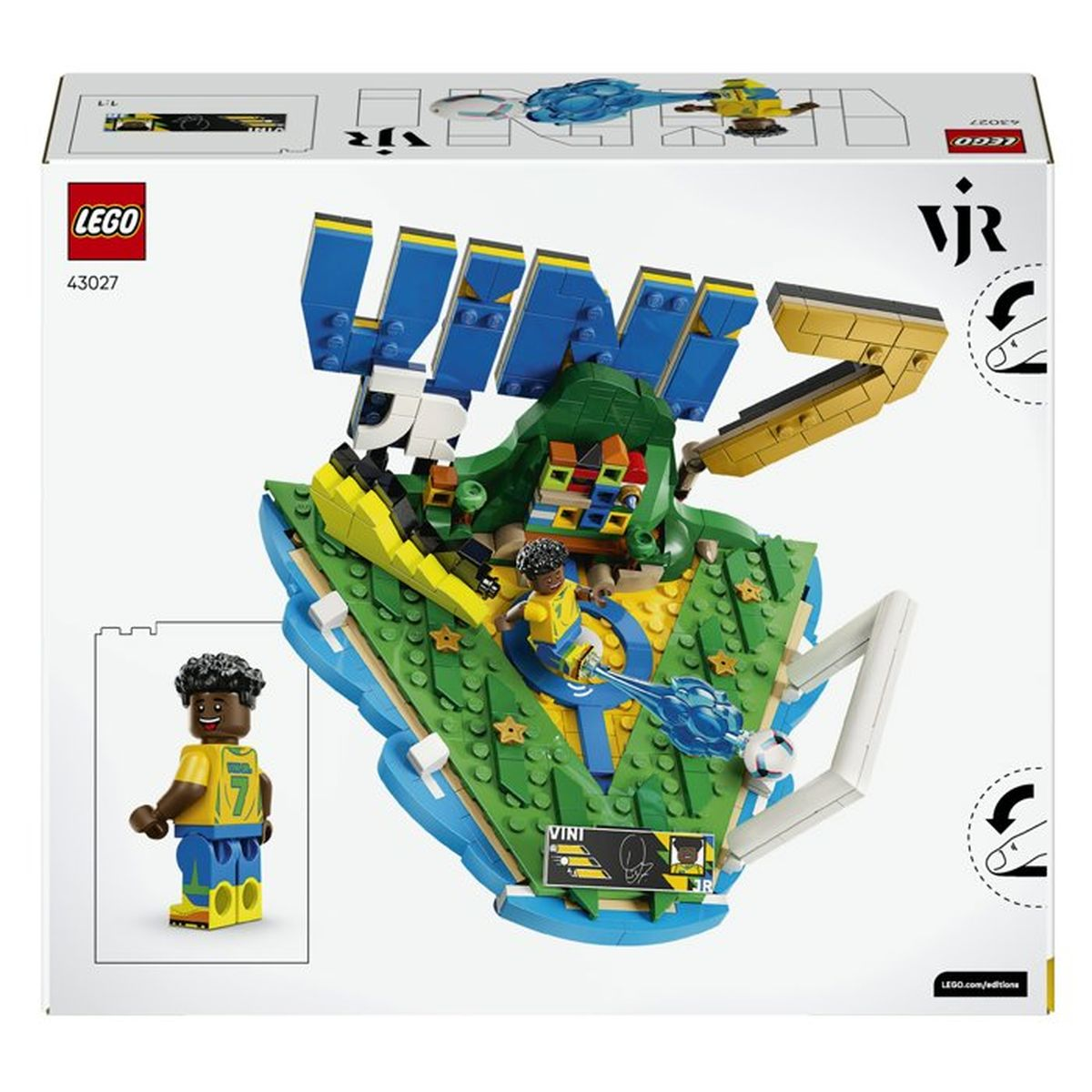 Zestaw LEGO z boiskiem piłkarskim, figurką gracza i brazylijską flagą.