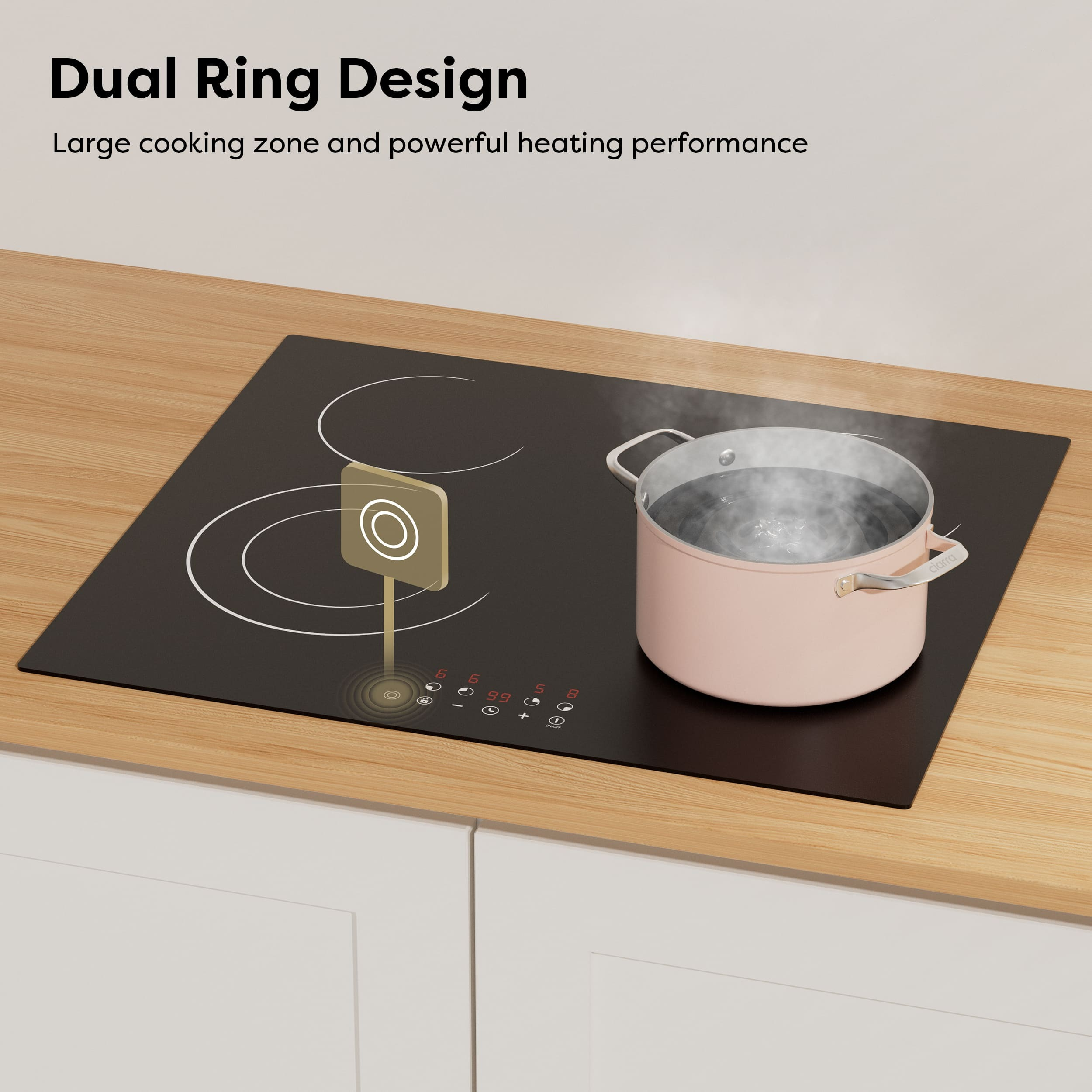 A pink pot with boiling water on a black induction cooktop.