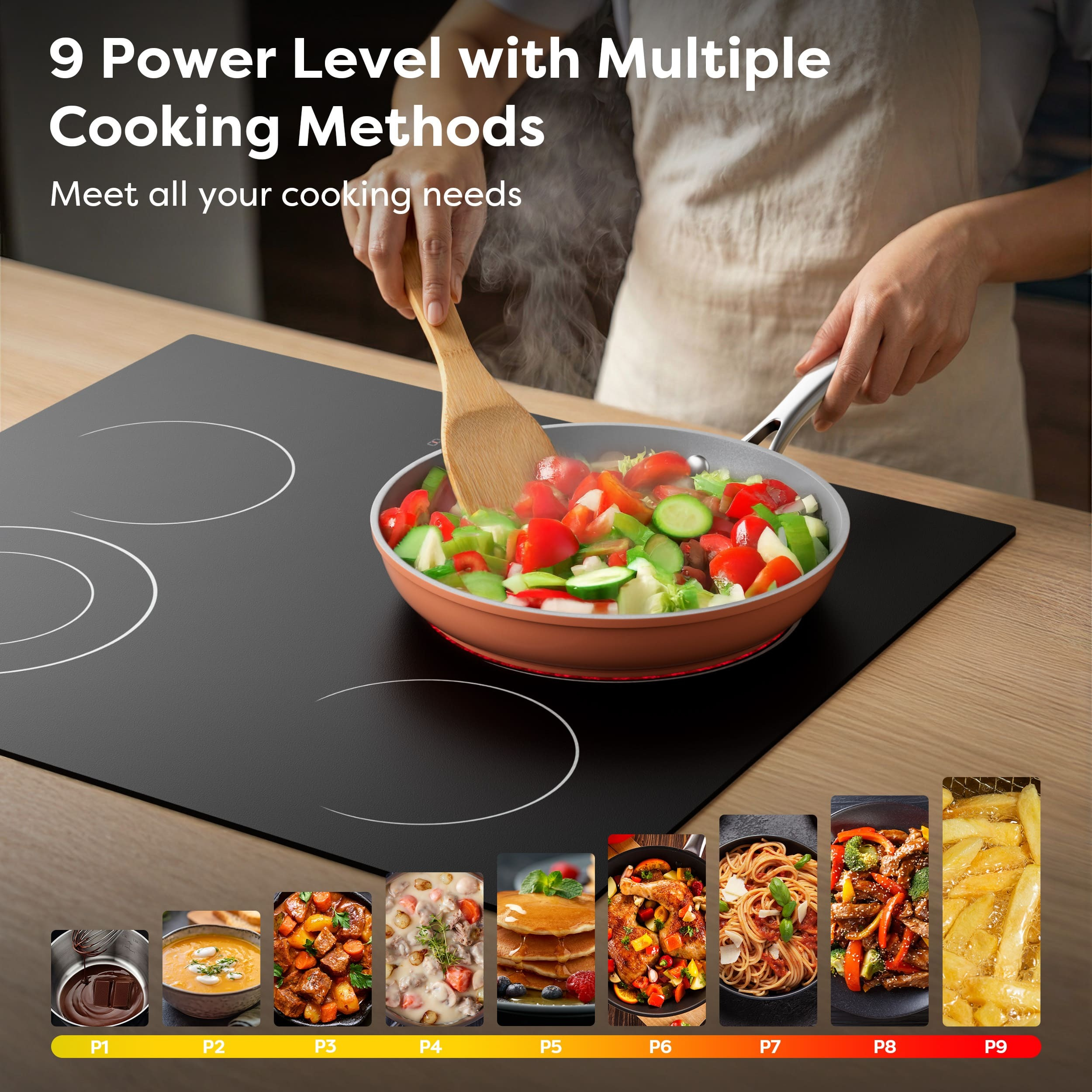 A person cooks vegetables in a pan on an induction cooktop. Multiple dishes are shown below.