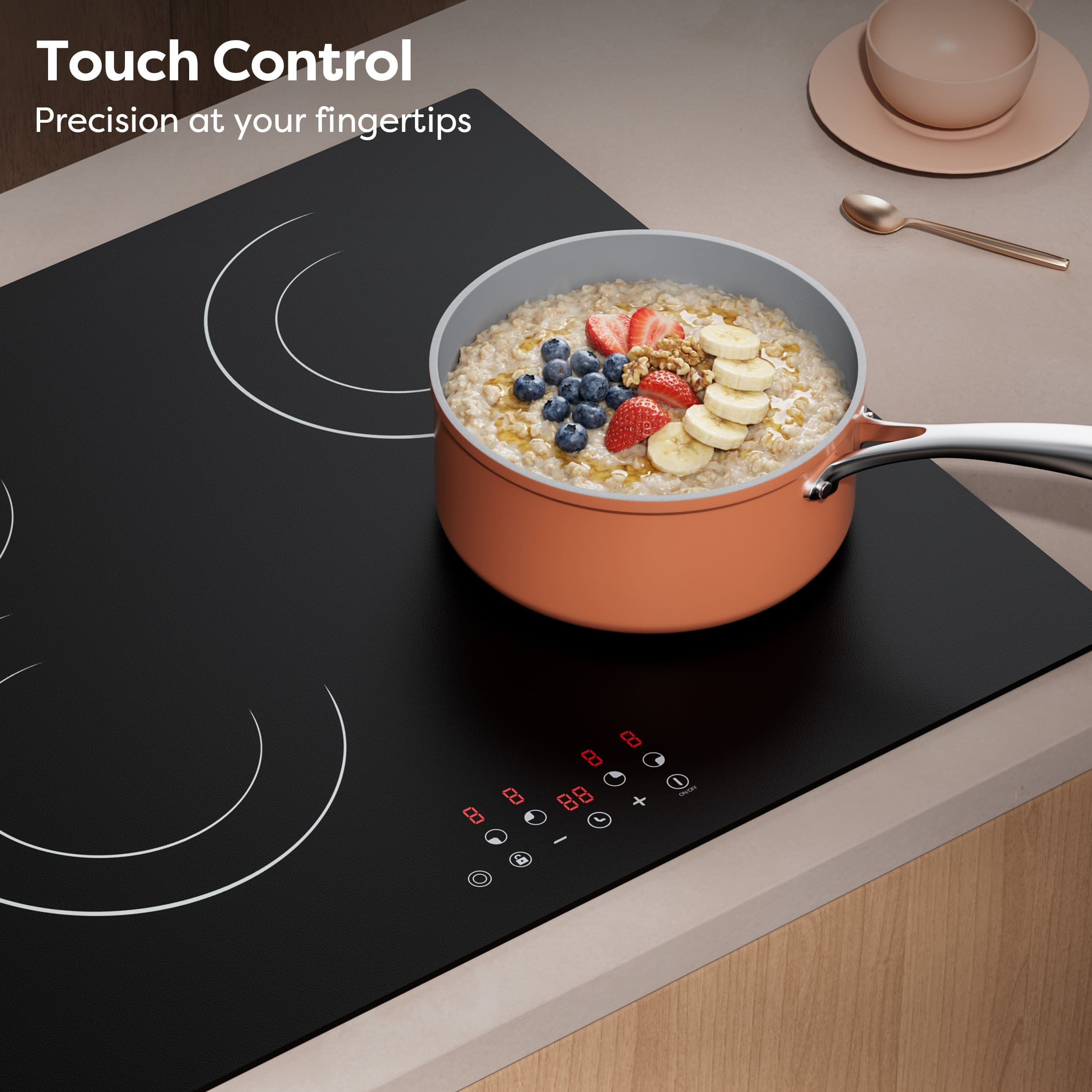 A pot of oatmeal topped with berries, nuts, and bananas sits on an induction cooktop.