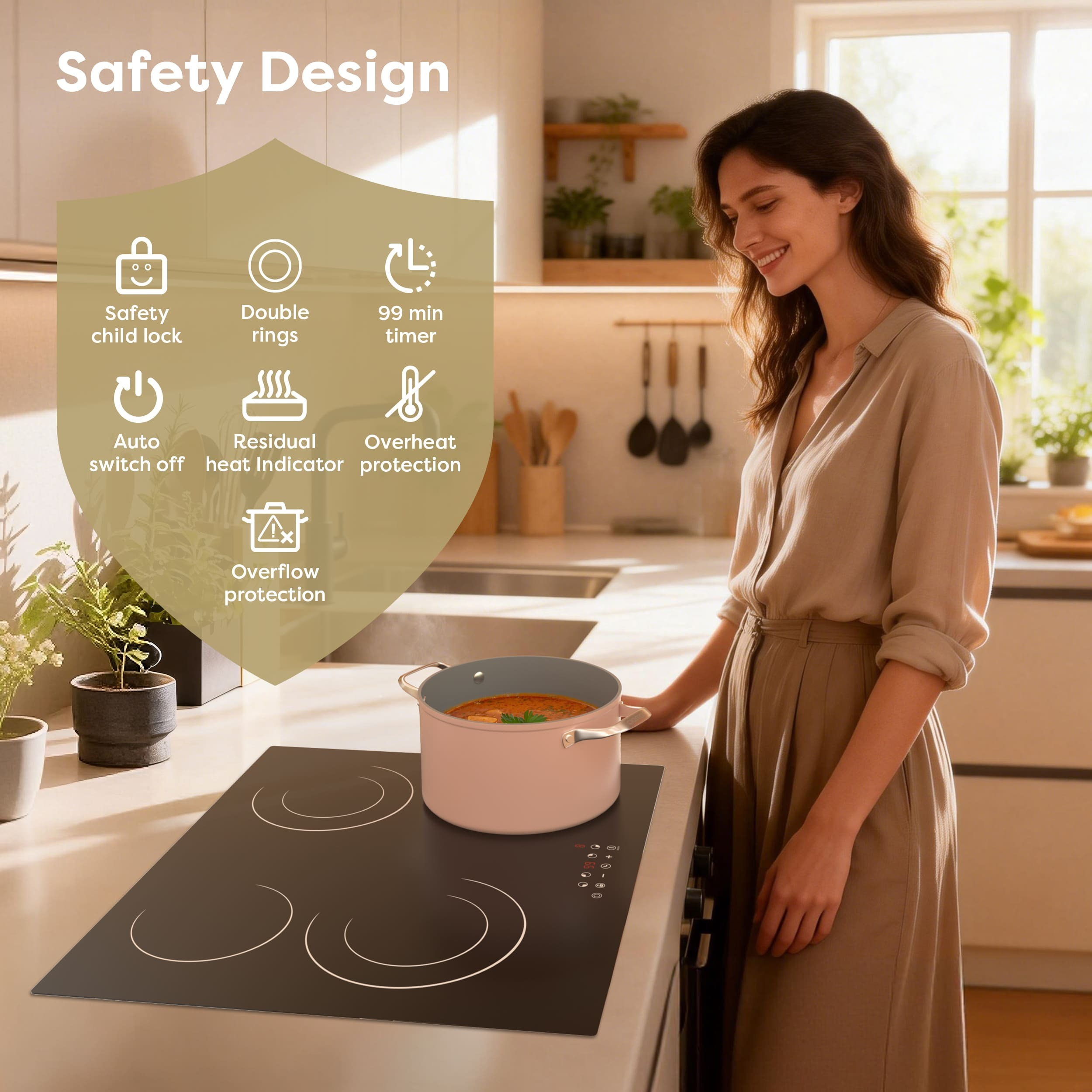 A woman in a beige shirt stands next to an induction cooktop with a pot.