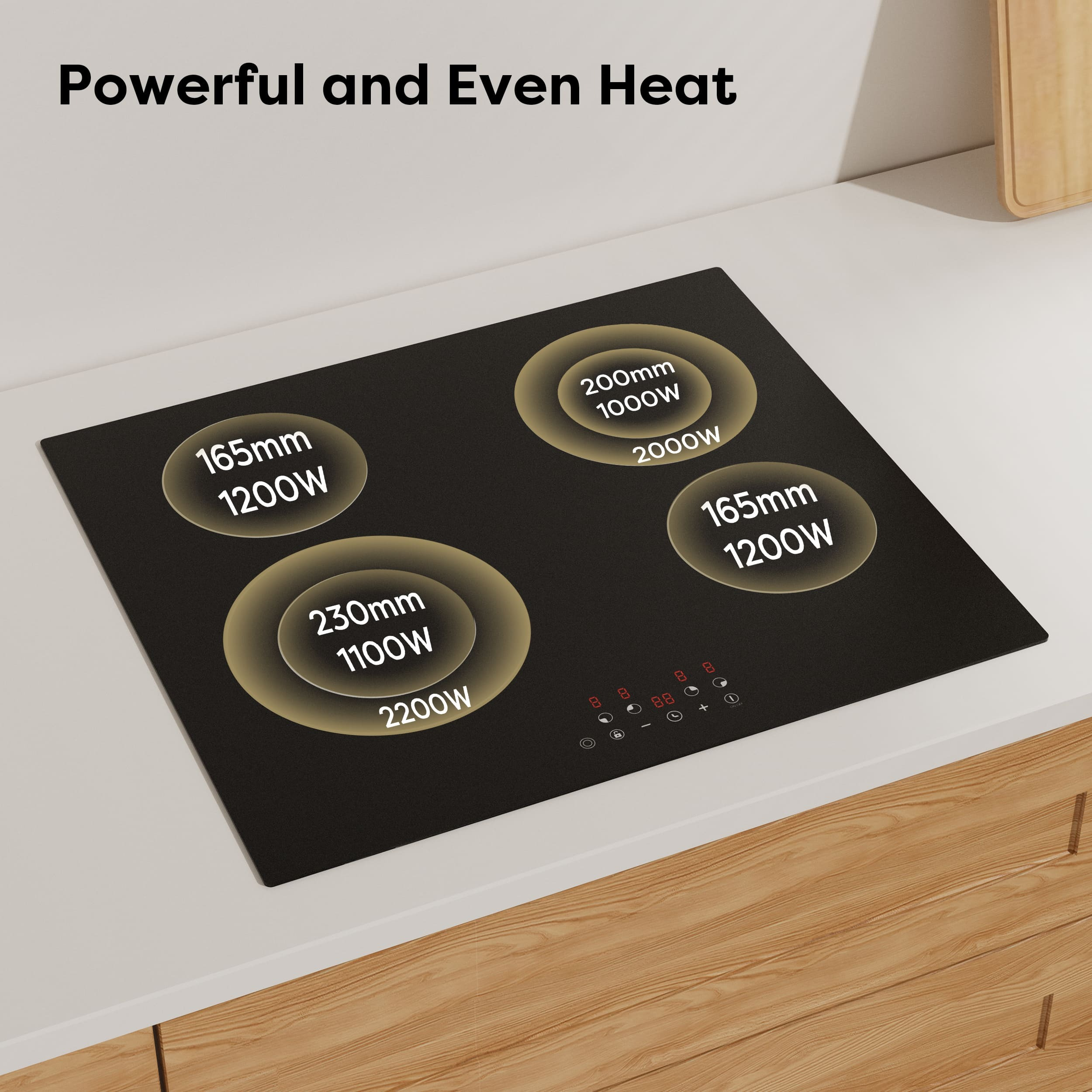 Black glass ceramic hob with four cooking zones, power info, and touch control panel.