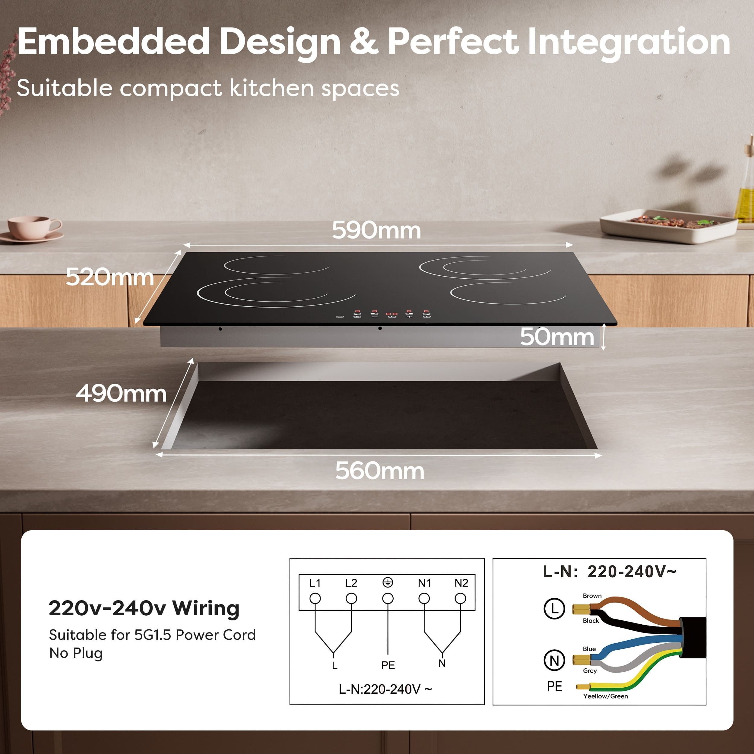 Induction hob dimensions: 590x520mm. Cutout dimensions: 560x490mm. Depth: 50mm. Wiring diagram for 220-240V.
