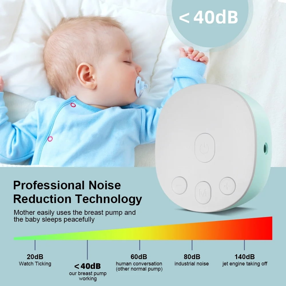 Baby schläft friedlich neben einer Milchpumpe, unter 40dB Lärm.