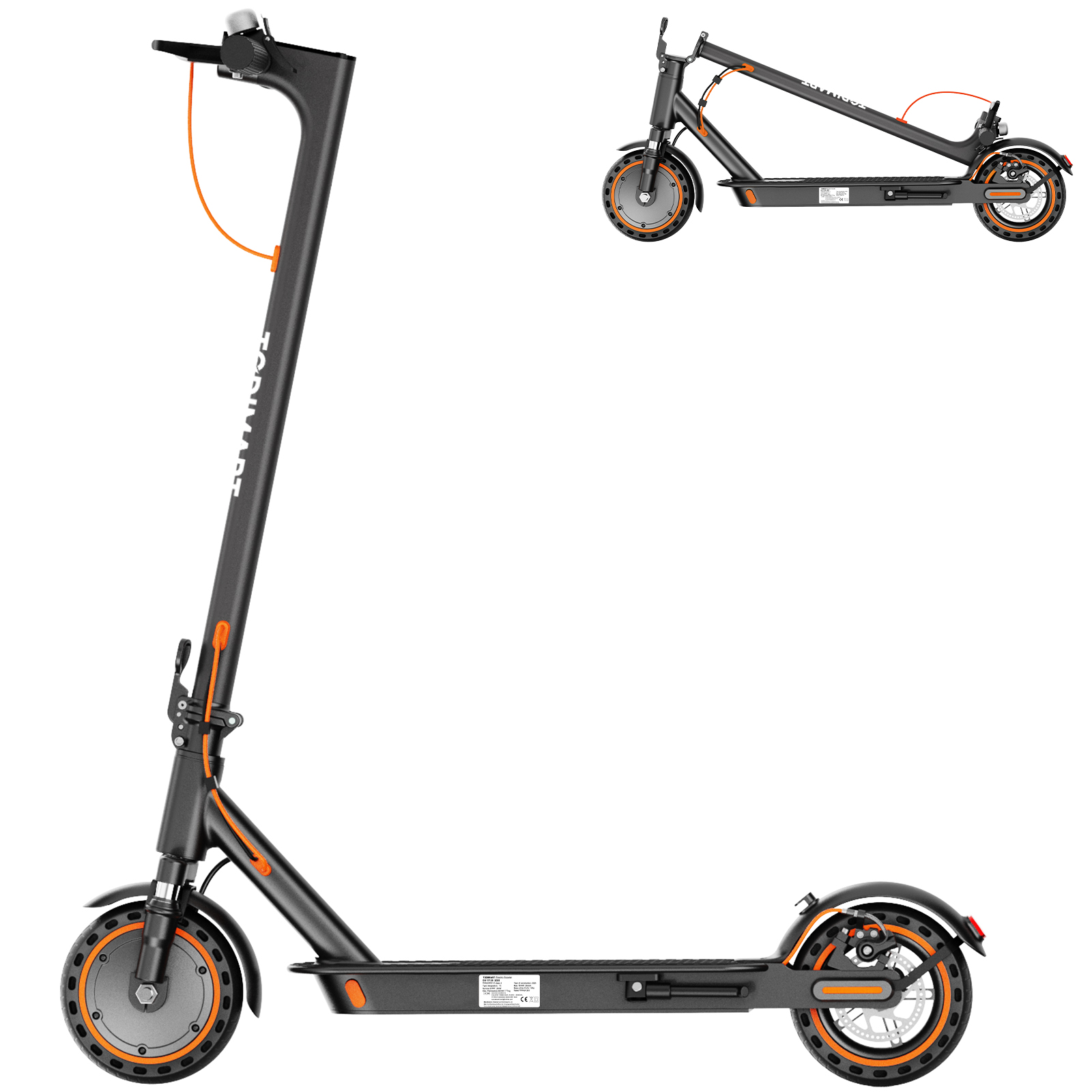 Uno scooter elettrico nero con accenti arancioni, mostrato piegato e in piedi.