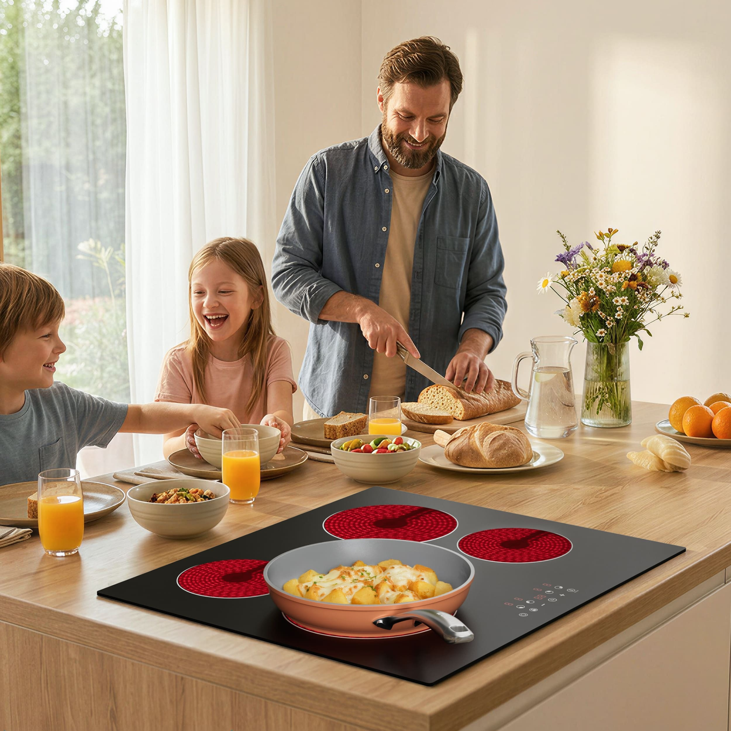 Famille au petit-déjeuner : père coupe du pain, enfants rient. Plaque de cuisson avec poêle.