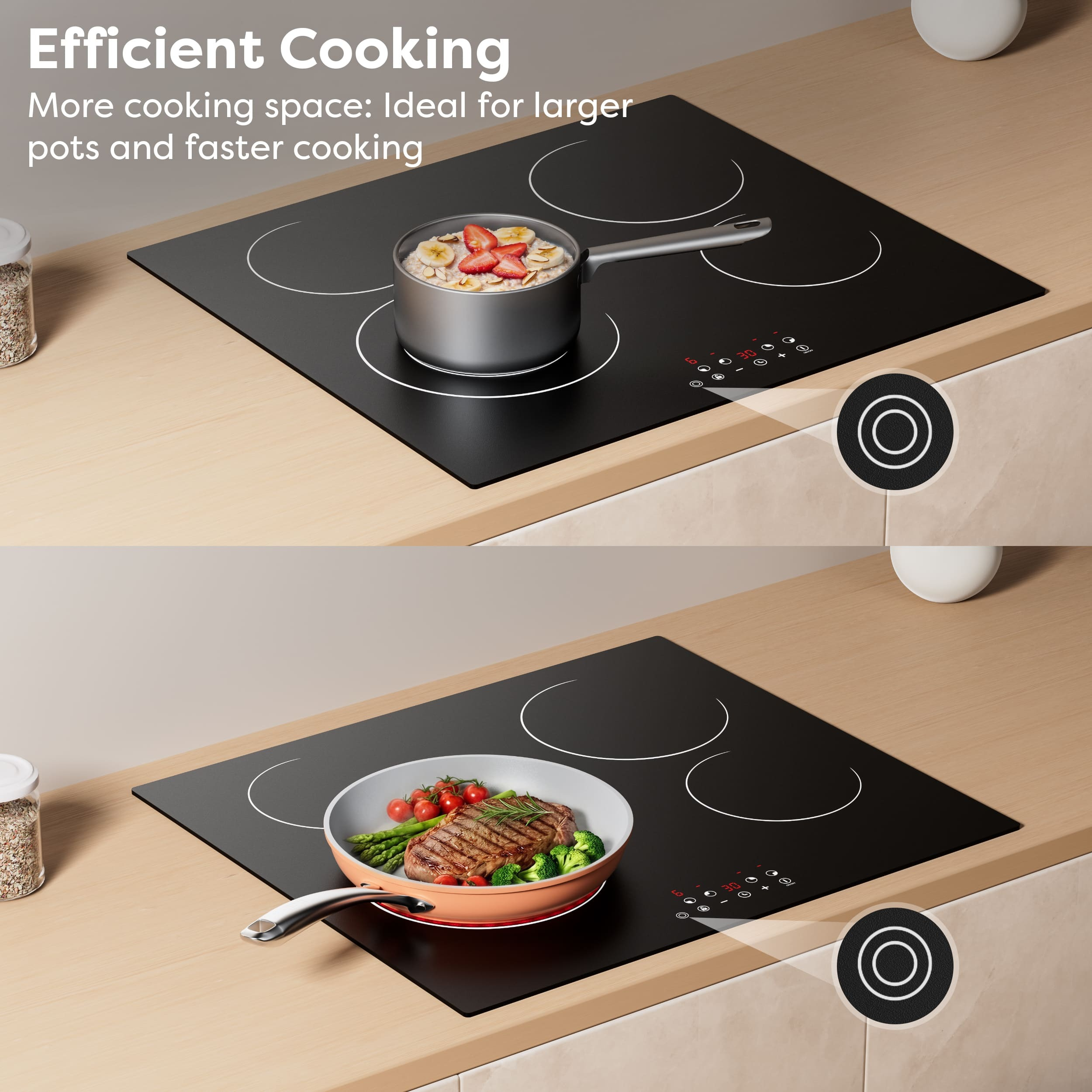 Deux scènes de cuisson sur une plaque à induction noire : flocons d'avoine aux fruits et steak aux légumes.