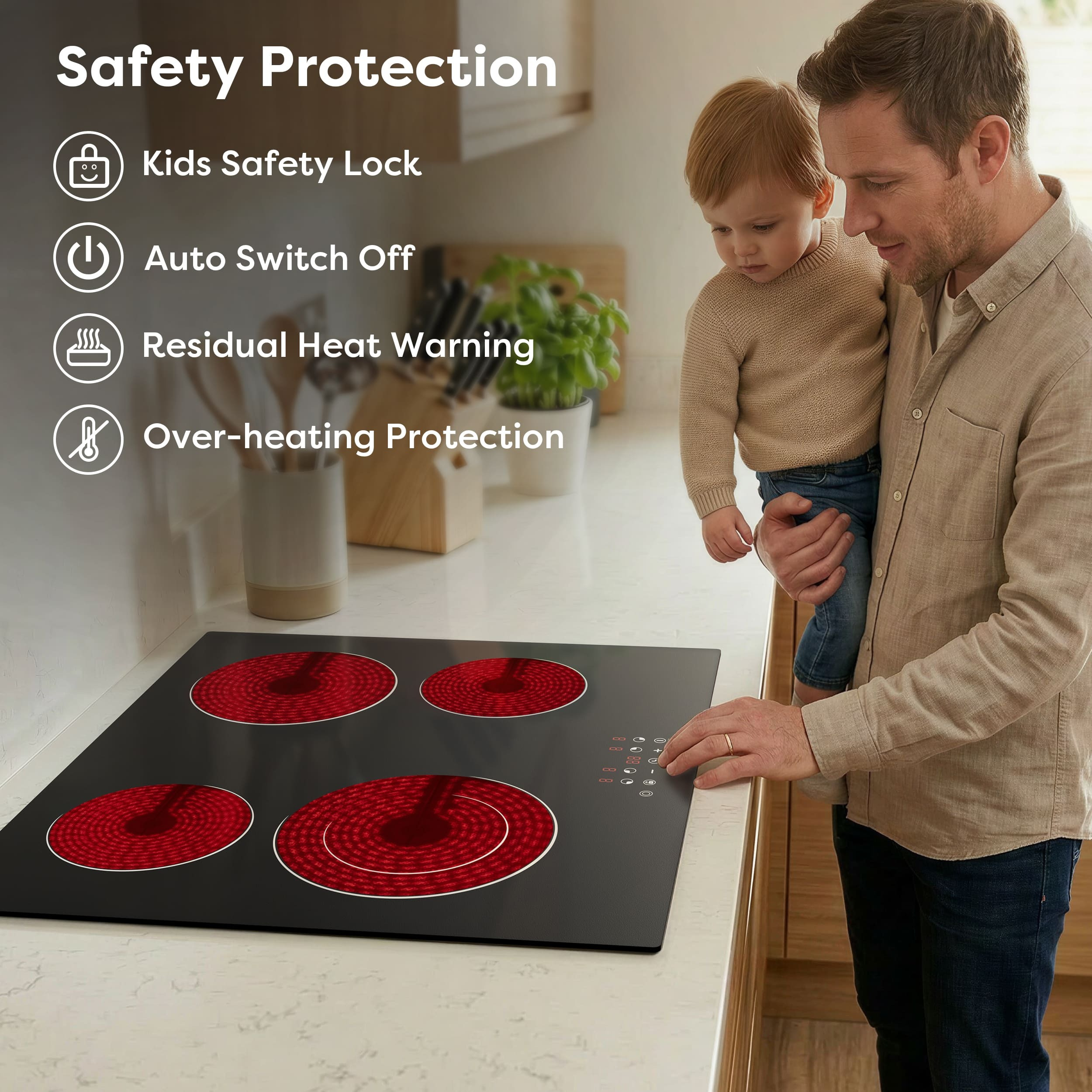 Un homme tient un enfant devant une plaque de cuisson à quatre éléments chauffants rouges.