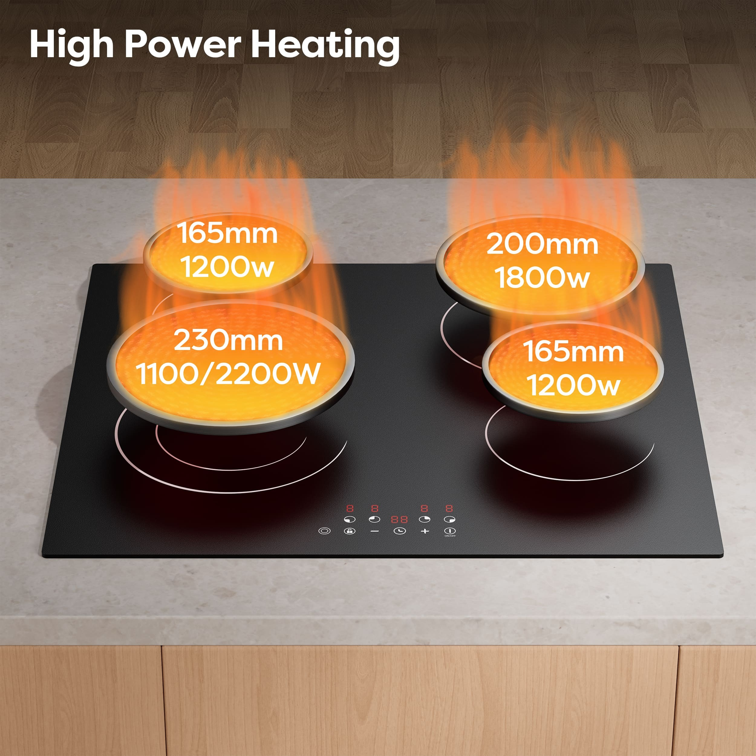 Une table de cuisson à induction noire avec quatre zones de chauffe montrant des flammes.