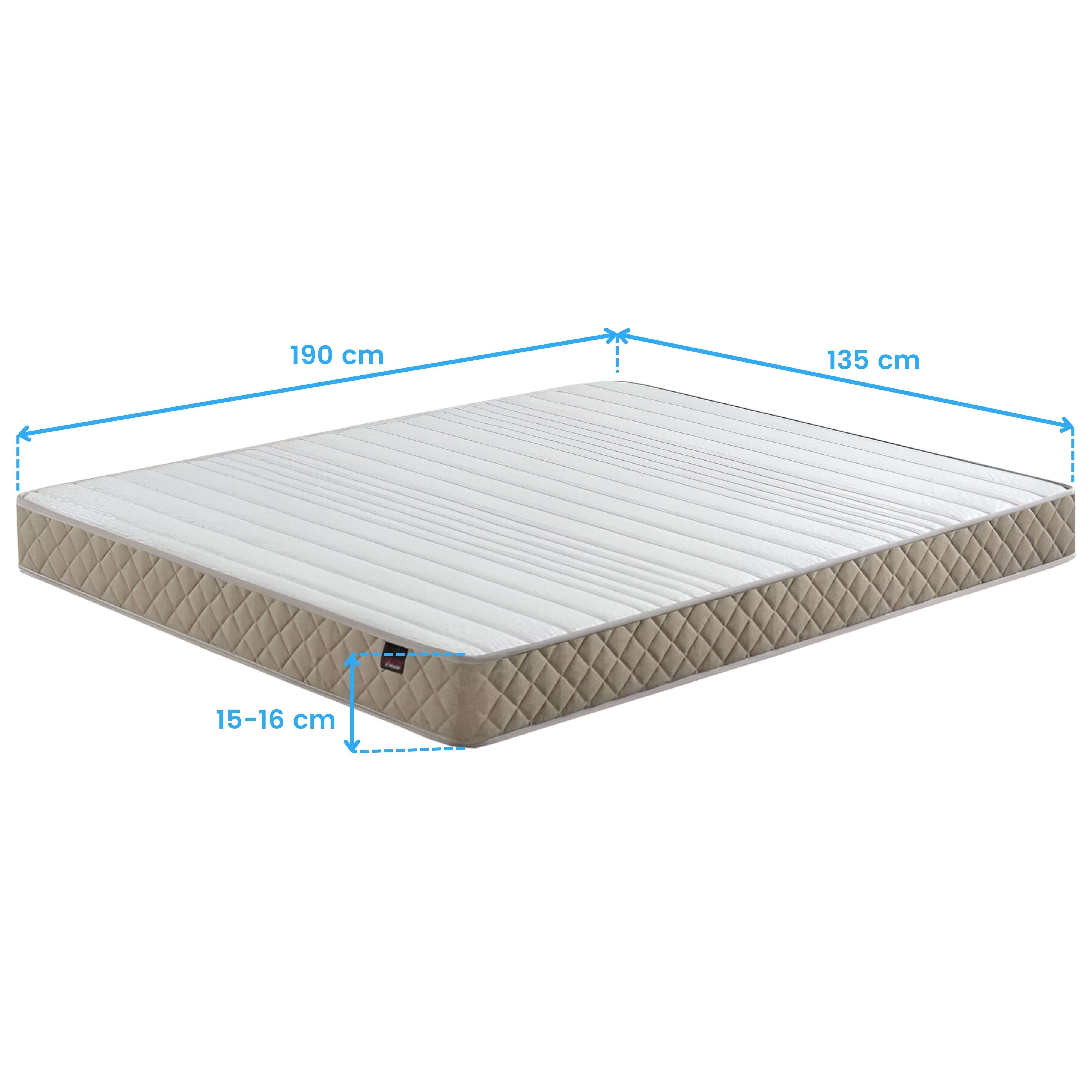 Un colchón de 190x135x15-16 cm, en blanco y beige.