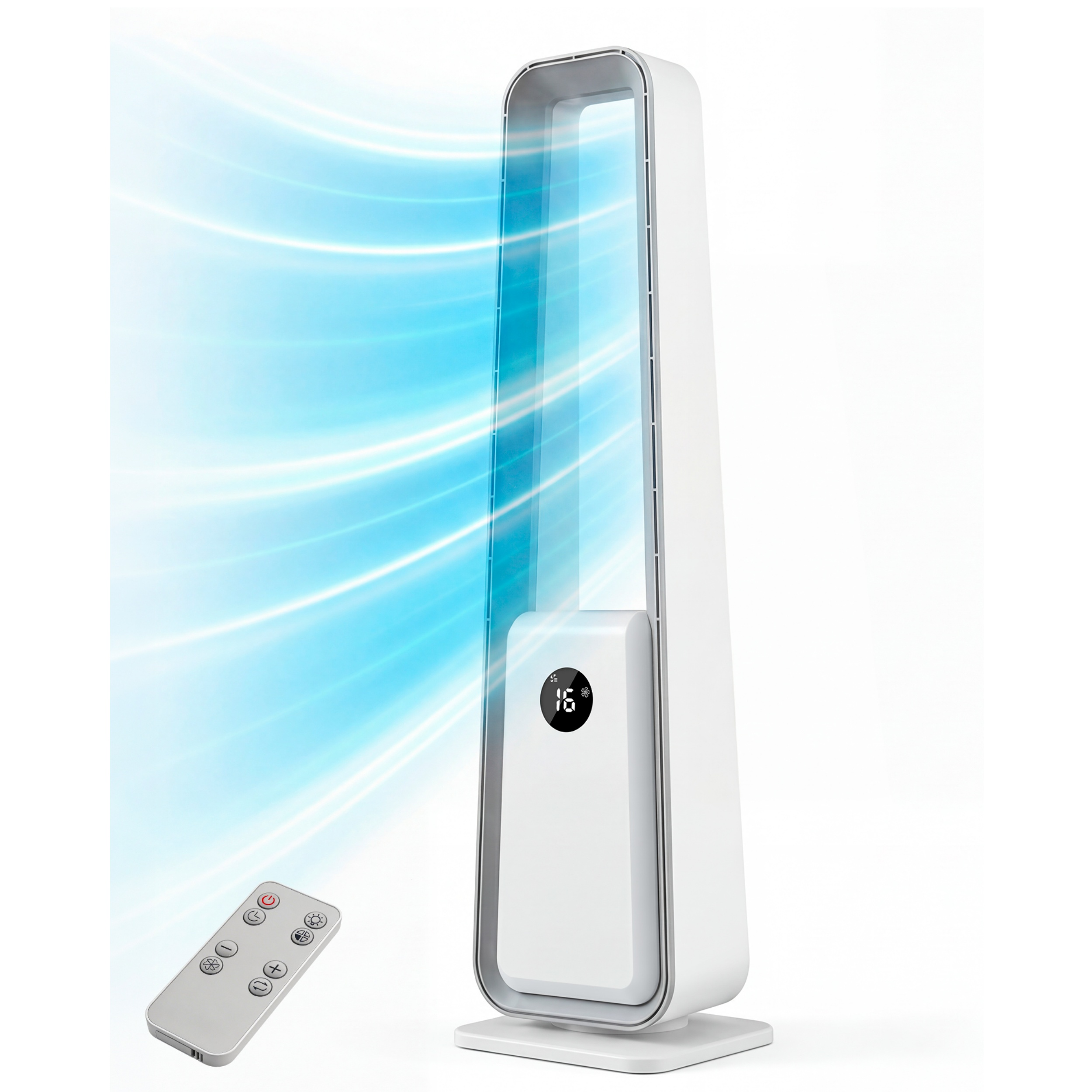 Ein weißer Turmventilator mit Fernbedienung und blauen Luftströmen.