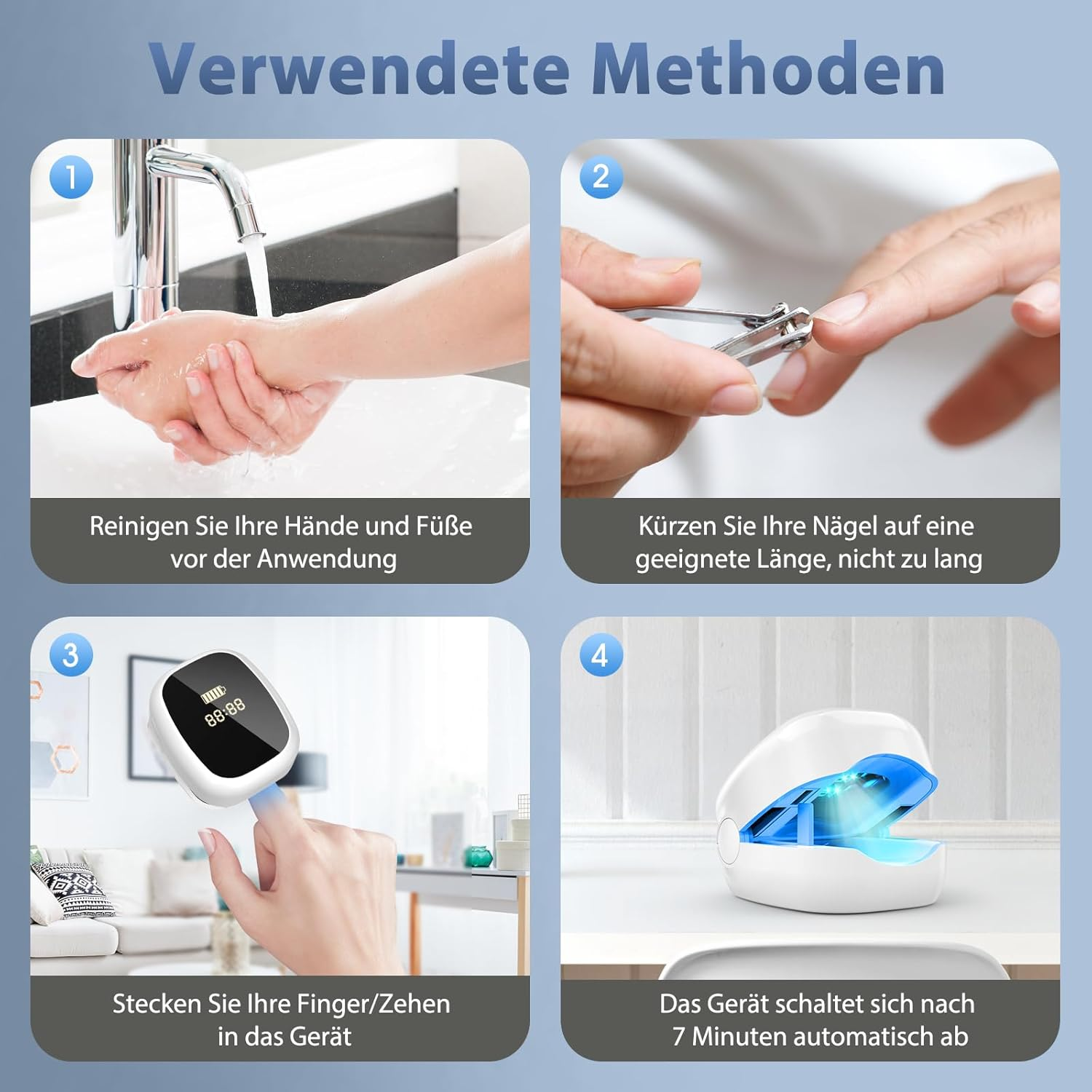 Vier Bilder zeigen die Anwendung eines Geräts: Händewaschen, Nägelschneiden, Finger einsetzen, Gerät.
