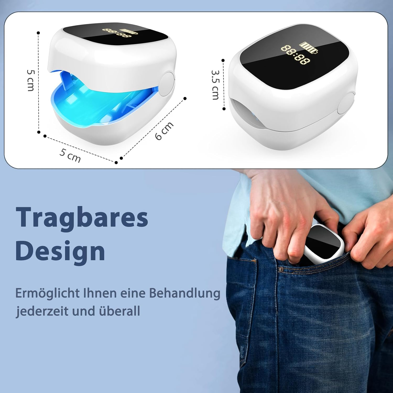 Ein weißer Pulsoximeter wird in eine Jeans-Hosentasche gesteckt.