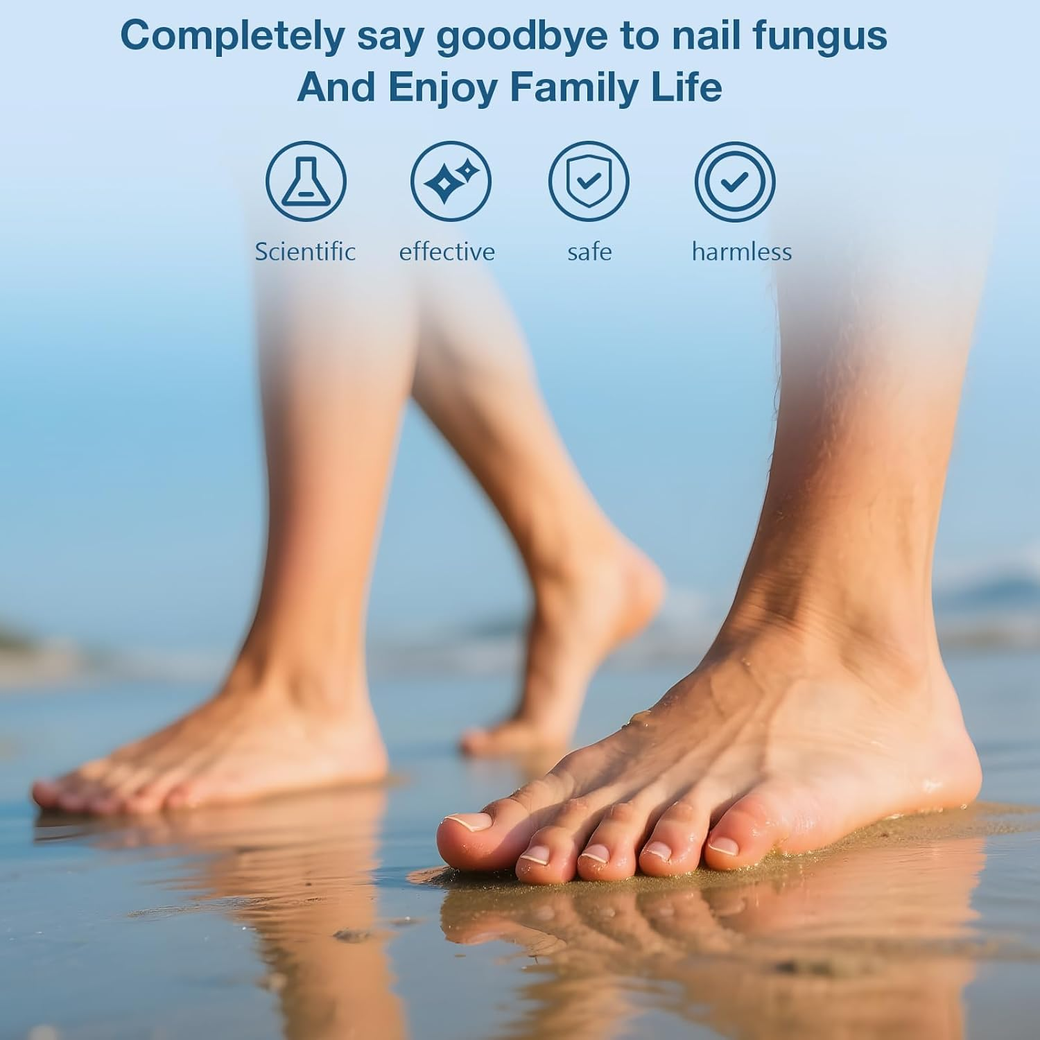 Füße laufen am Strand im flachen Wasser, mit Symbolen für Wissenschaft, Wirksamkeit, Sicherheit und Unbedenklichkeit.