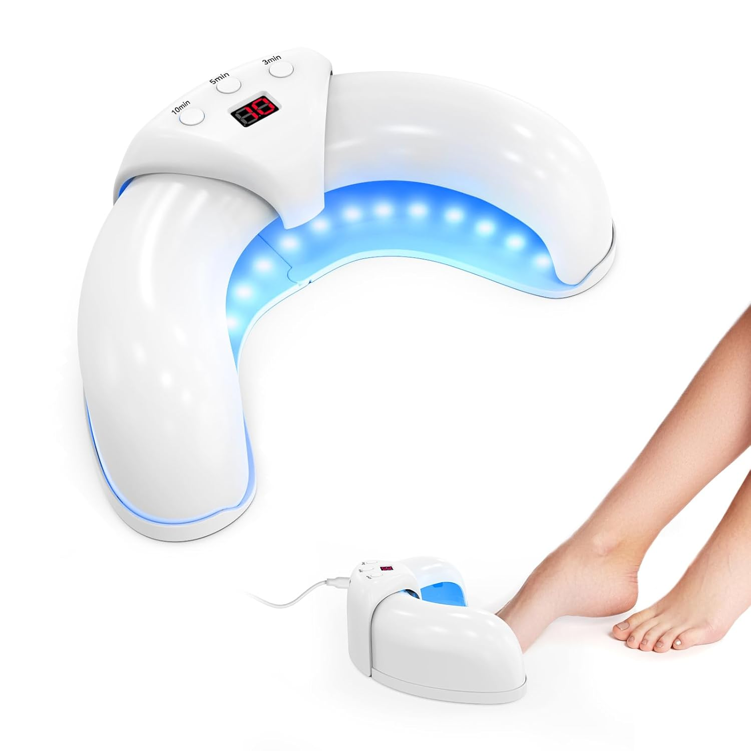 Ein weißes UV-Nagellampen-Gerät mit blauen LEDs und einem digitalen Timer.