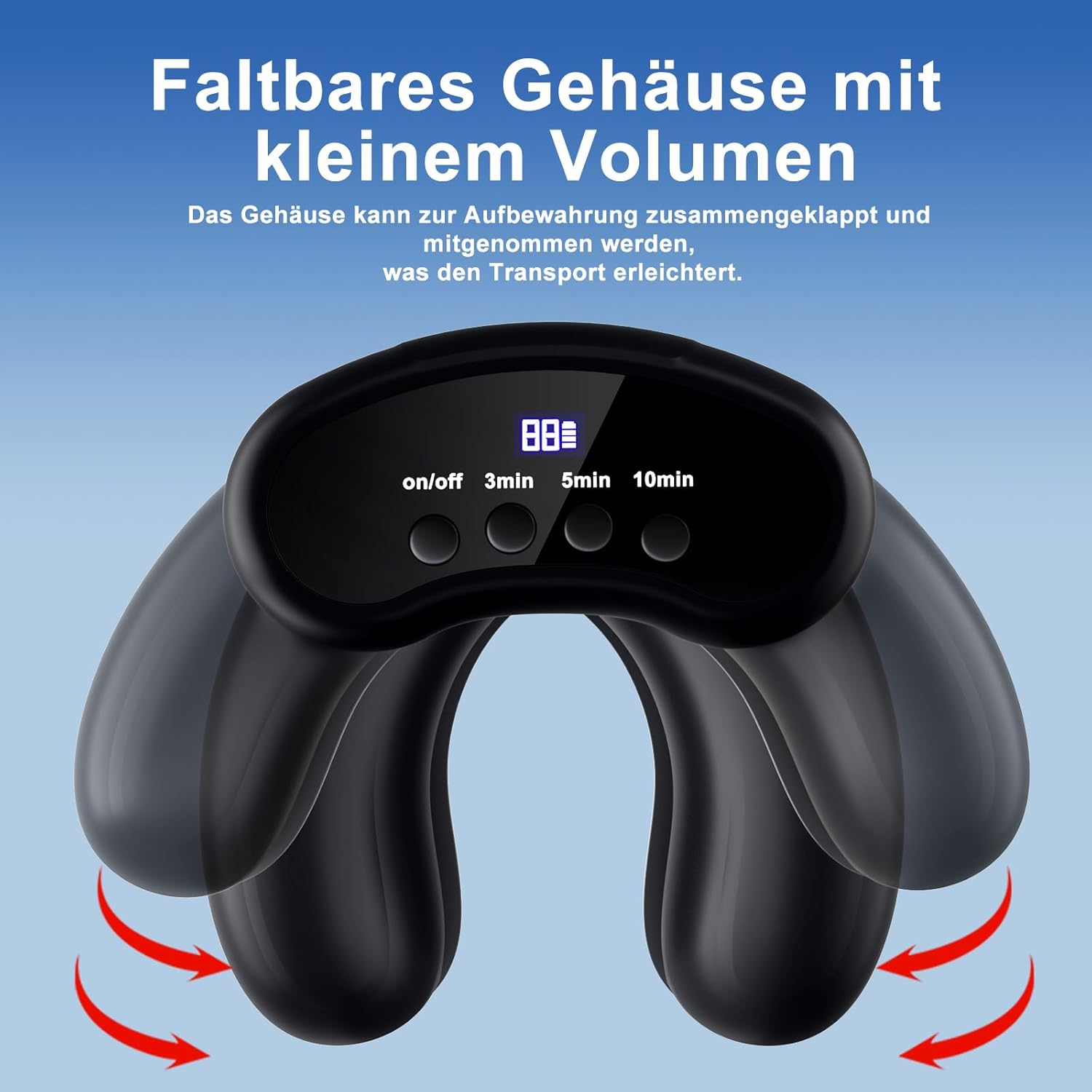 Schwarzes Nackenmassagegerät mit faltbarem Design und Bedienelementen.
