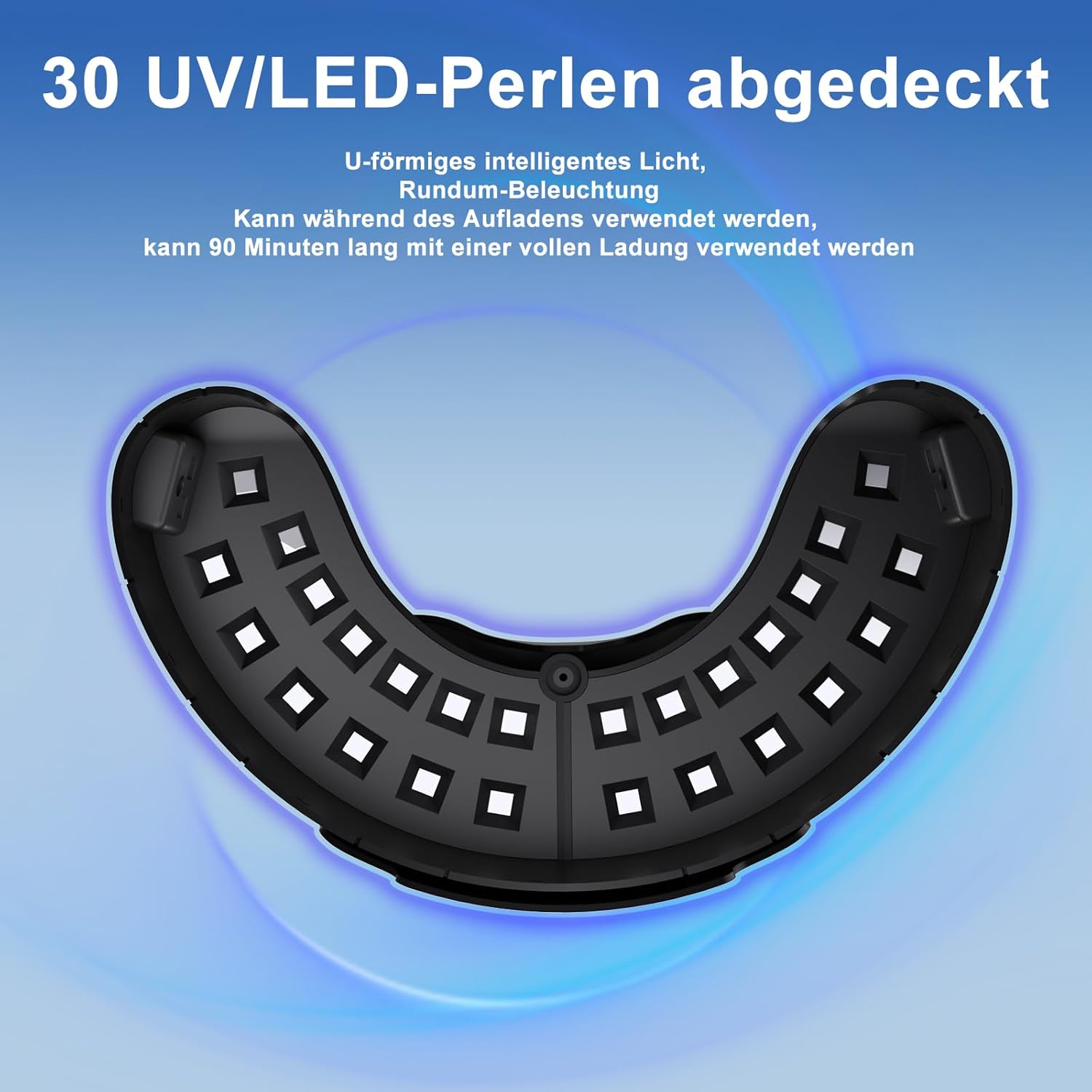 Ein schwarzes U-förmiges Gerät mit 30 UV/LED-Perlen für Rundum-Beleuchtung.