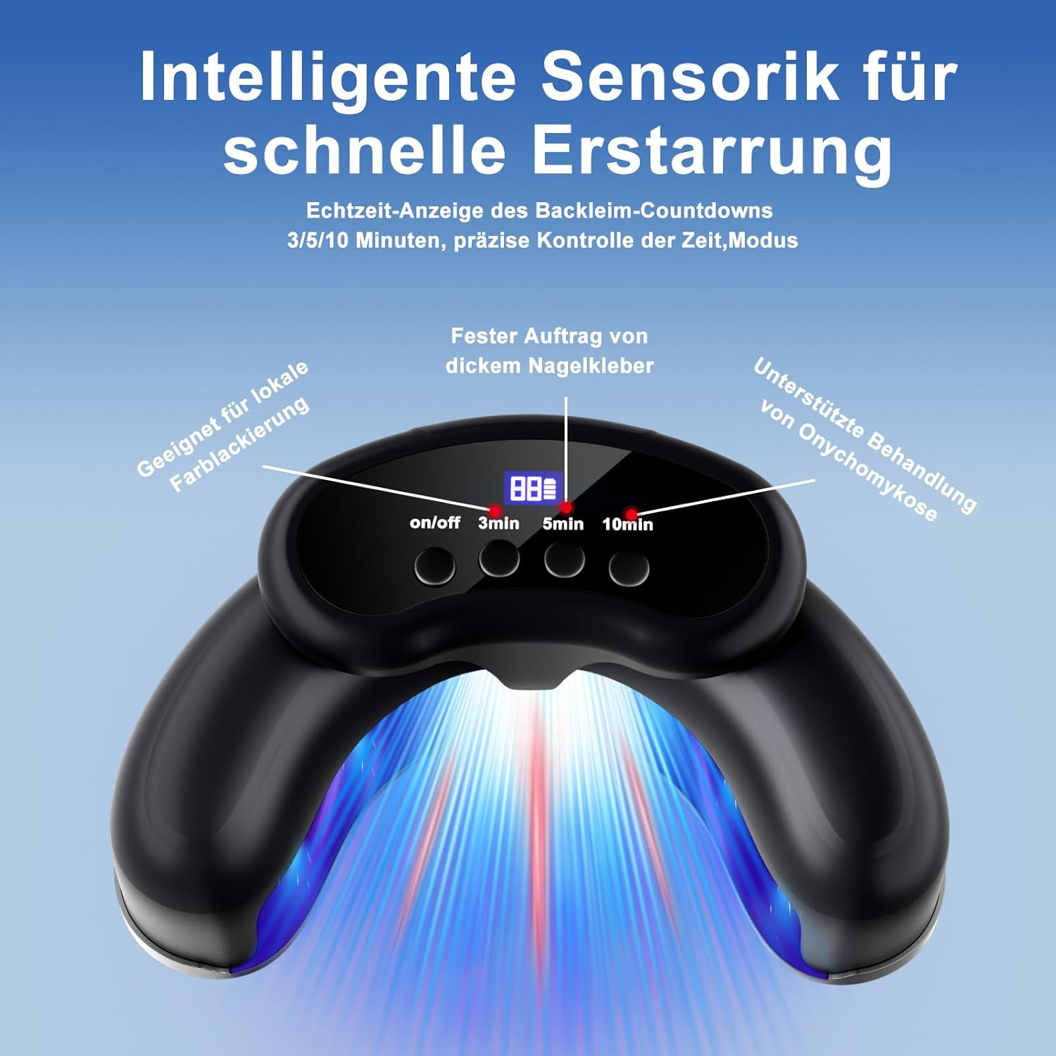 Ein schwarzes Nagellampengerät mit blauen und roten Lichtern darunter und deutscher Beschriftung.