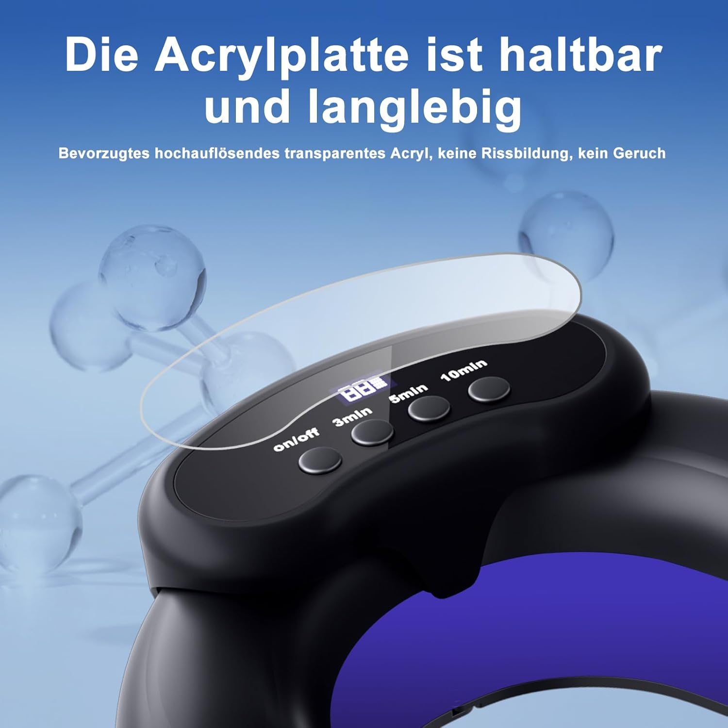 Schwarzes Gerät mit digitalen Tasten und Acrylplatte, blauer Hintergrund mit Kugeln.