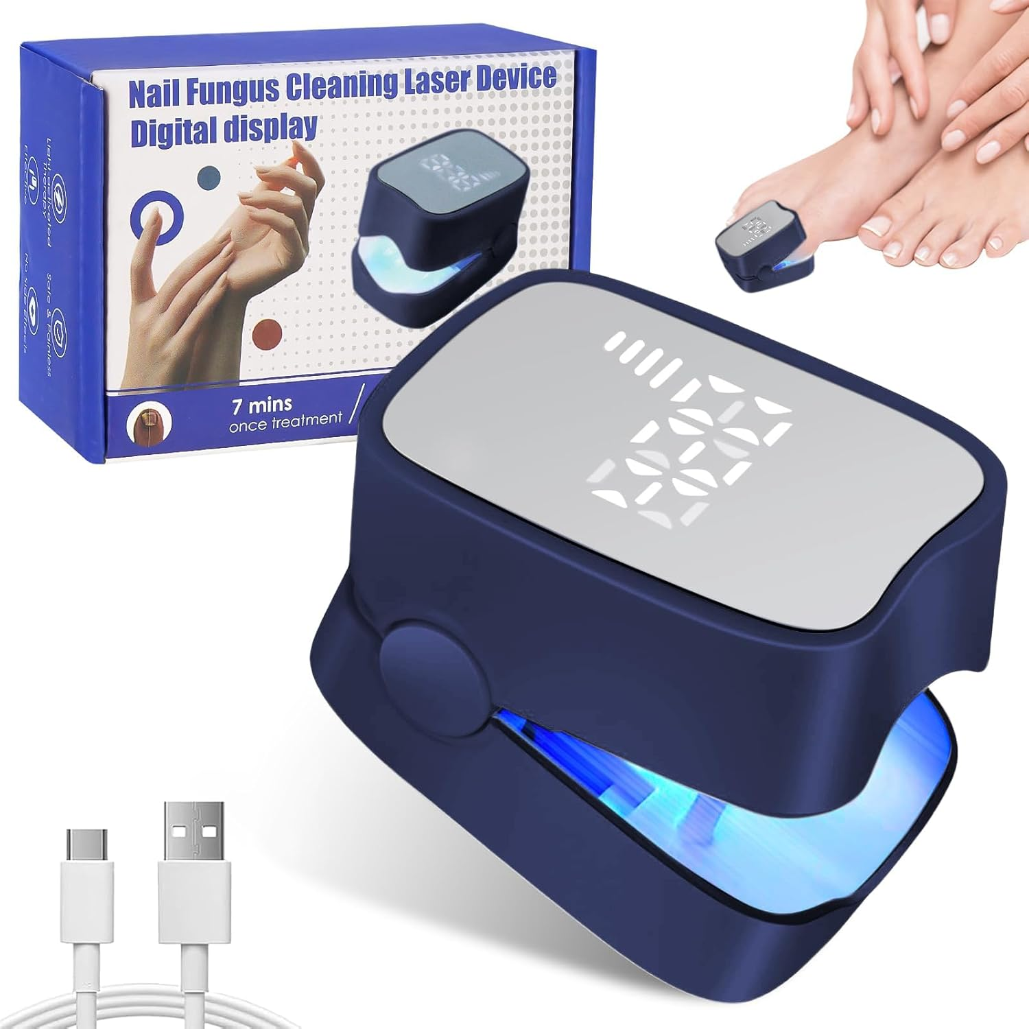 Blauer Laser-Nagelpilz-Reiniger mit digitalem Display und Ladekabeln.