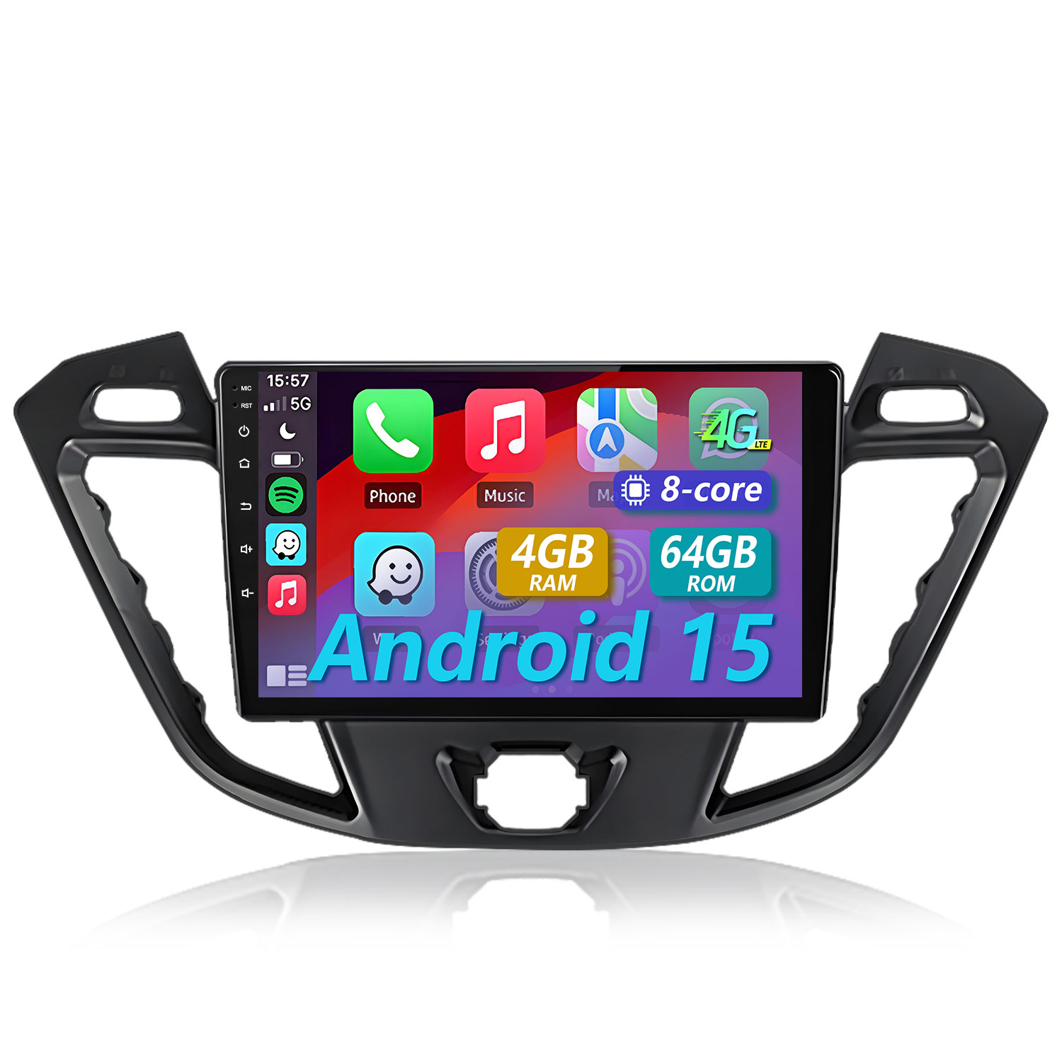 Ein schwarzer Autoradio-Bildschirm mit Android 15, 8-Kern, 4GB RAM, 64GB ROM.