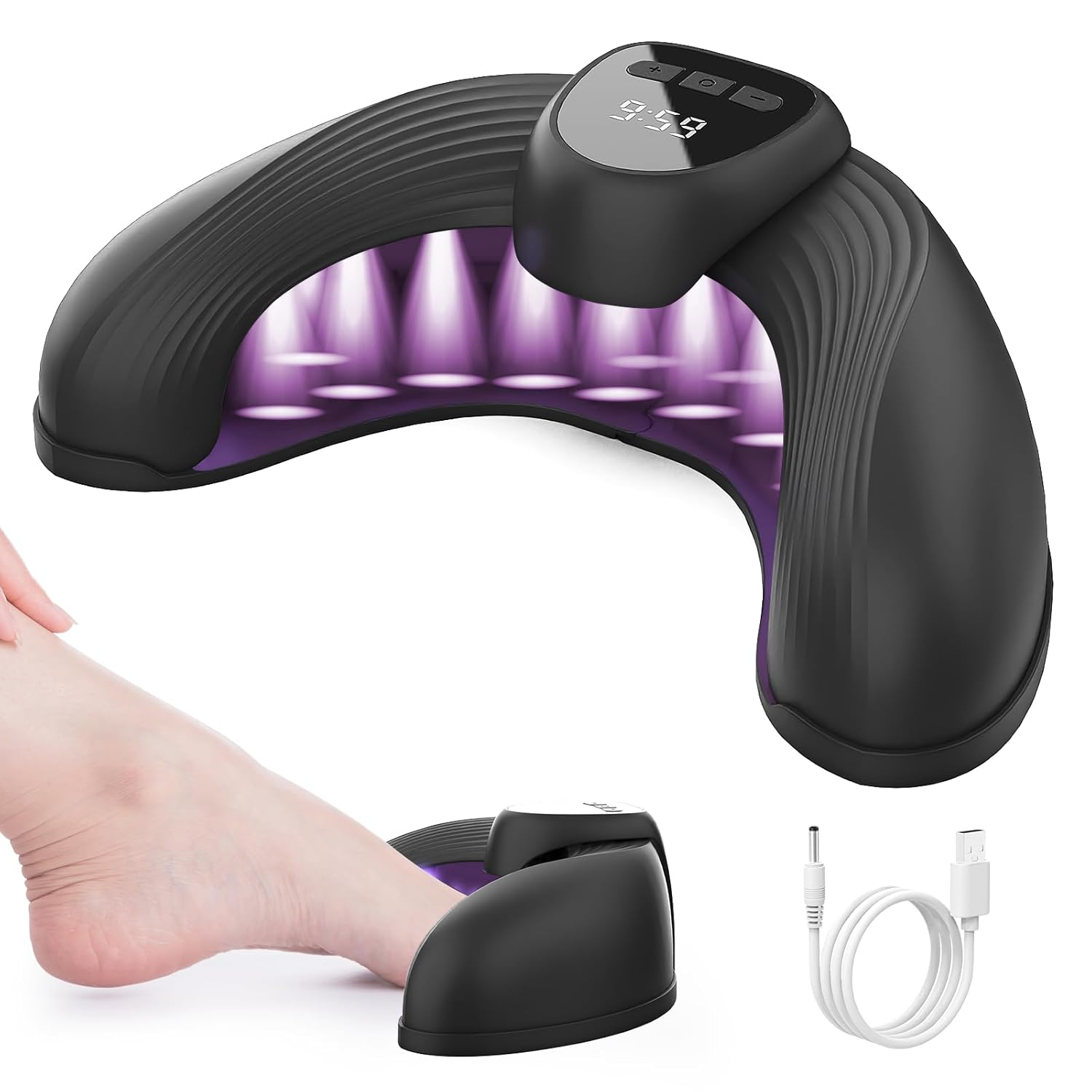 Ein schwarzes UV-Nageltrocknergerät mit einem Fuß im Inneren, lila Lichter.