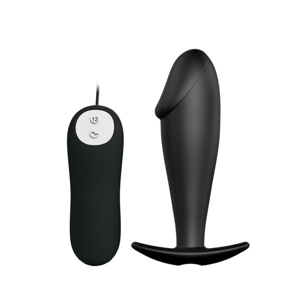 Ein schwarzer Vibrator mit Fernbedienung ist links, daneben ein schwarzer Analplug rechts, alles auf weißem Hintergrund.